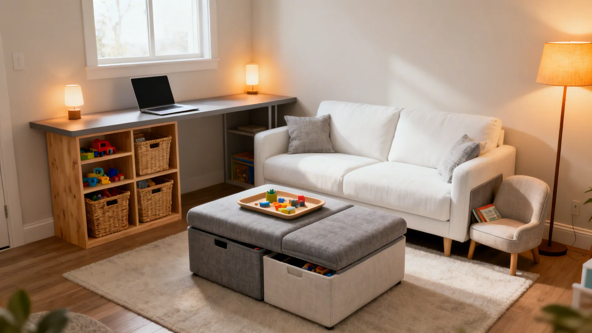 Small living room with a storage ottoman as coffee table, console desk behind sofa, and a cozy reading nook.