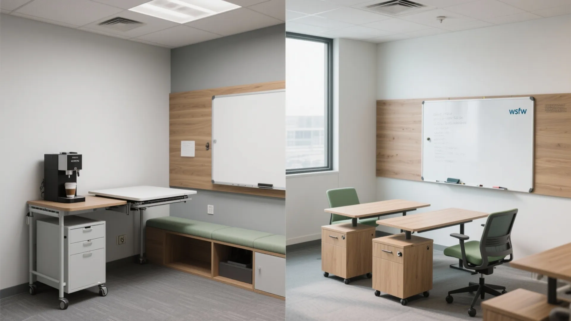 Modern office interior with whiteboards wooden wall panels mobile desks green chairs and a coffee machine