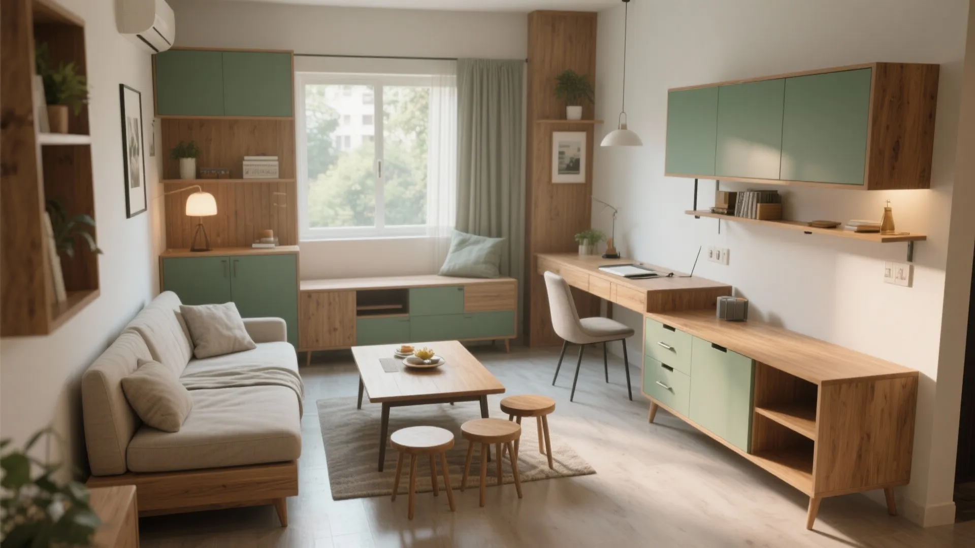 Modern living room featuring green cabinets wooden desk beige sofa round stools and large bright window