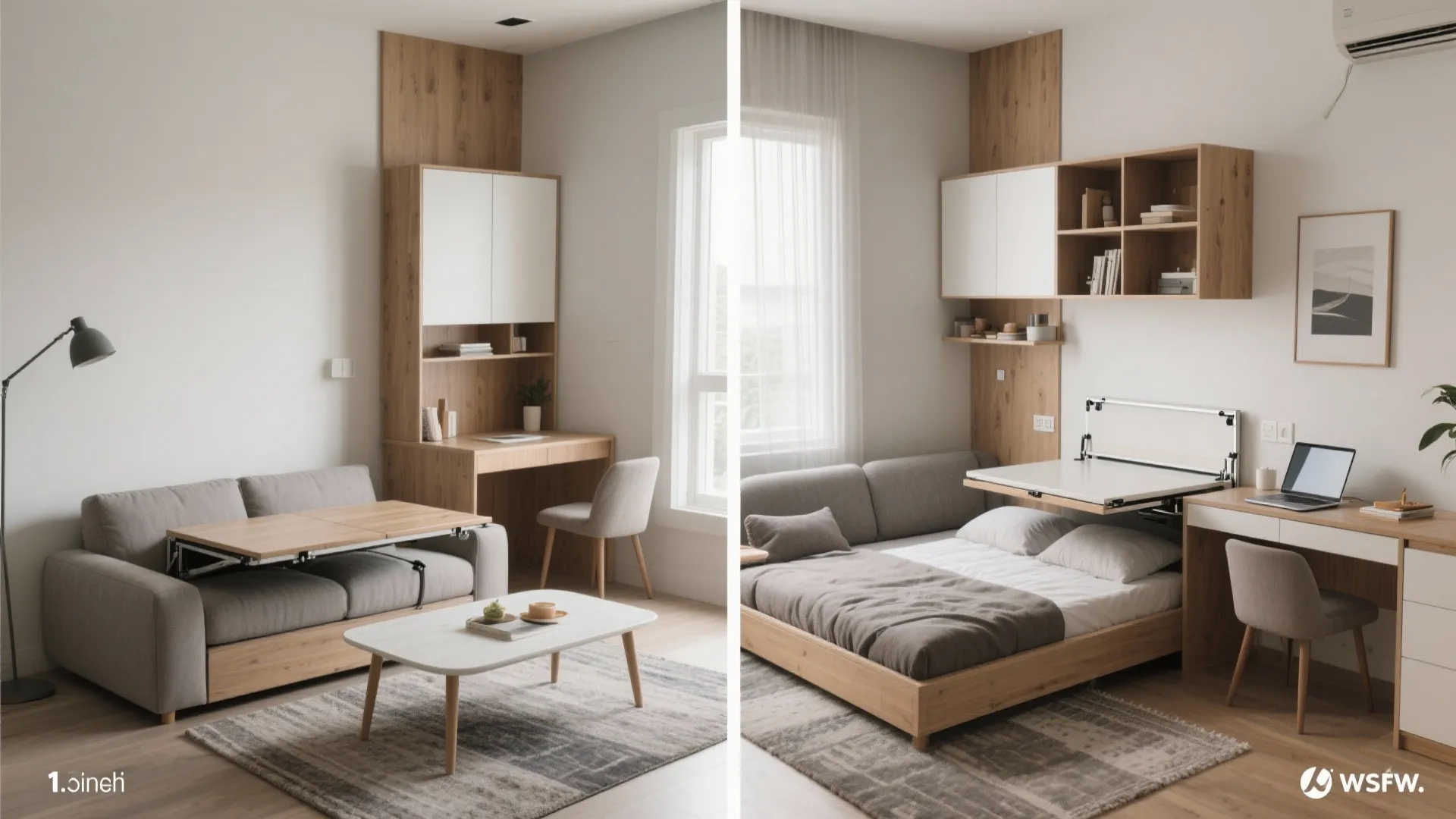 Before and after comparison of a living room sofa transforming into a comfortable double bed