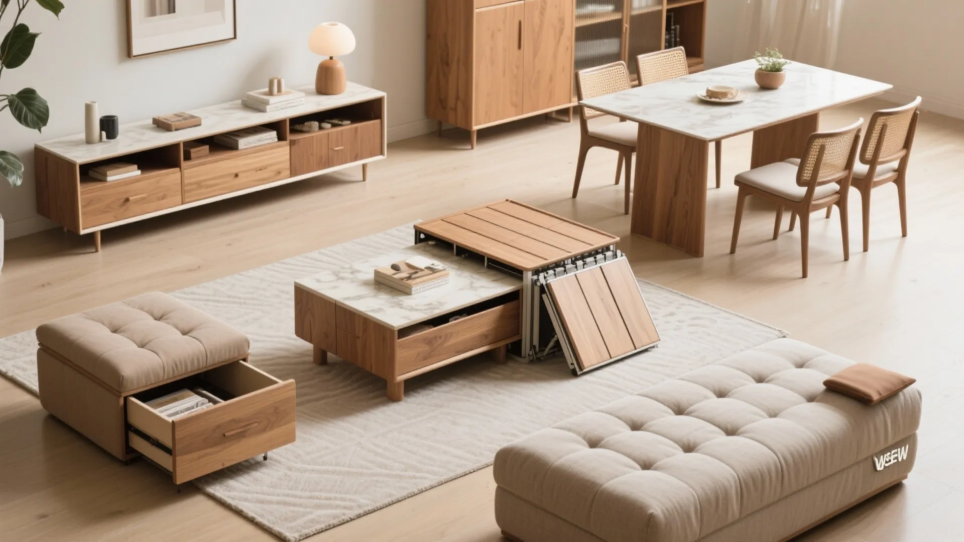 Versatile wooden furniture showing a coffee table with storage drawers and a modern dining room set