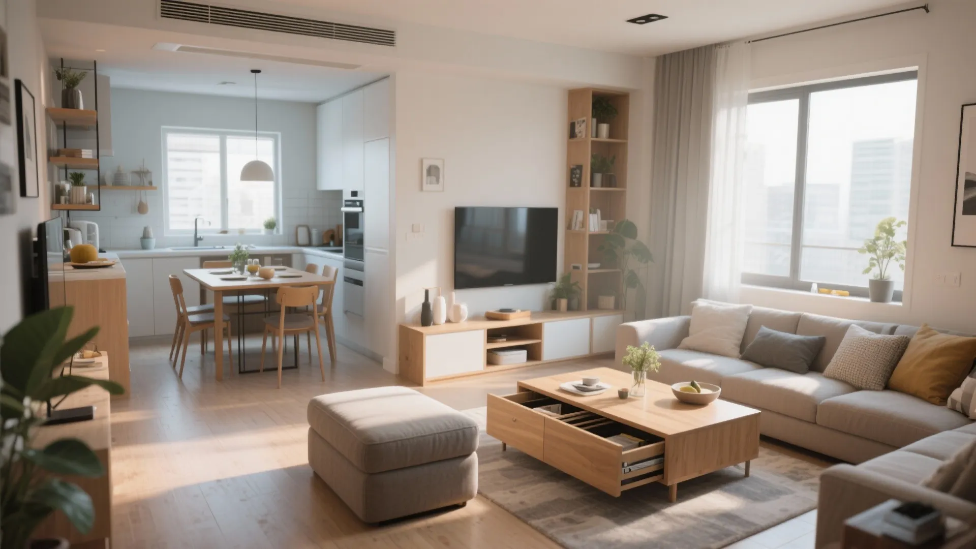 Bright apartment living room with grey sofa wooden coffee table footrest television and dining area