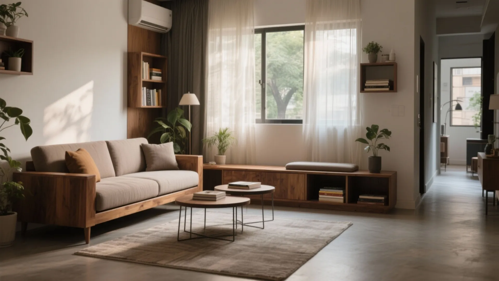 Modern living room featuring a grey sofa wooden coffee tables wall shelves and large bright windows