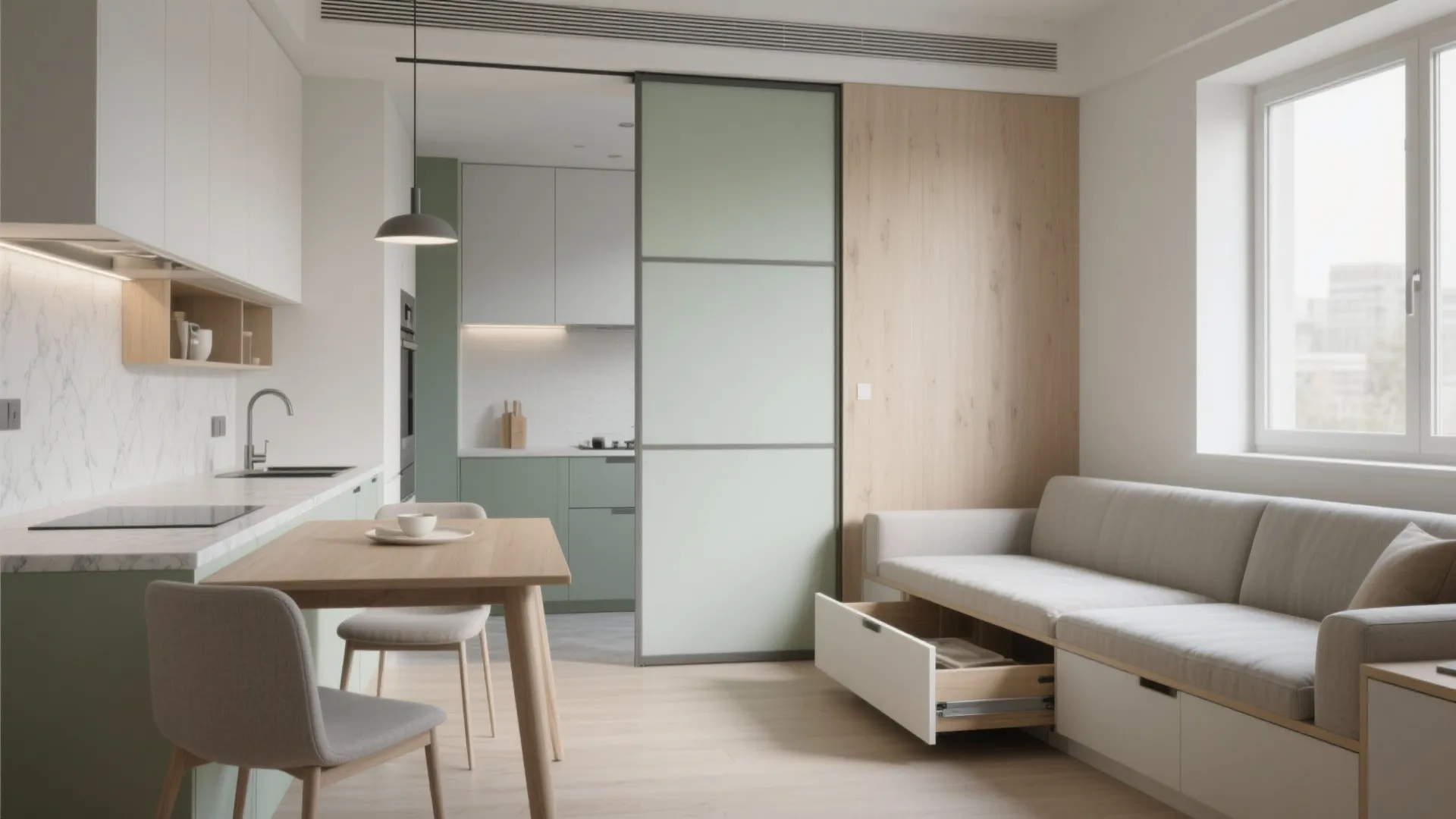 Multifunctional pieces: fold-away dining, sliding partitions, and storage-smart sofas