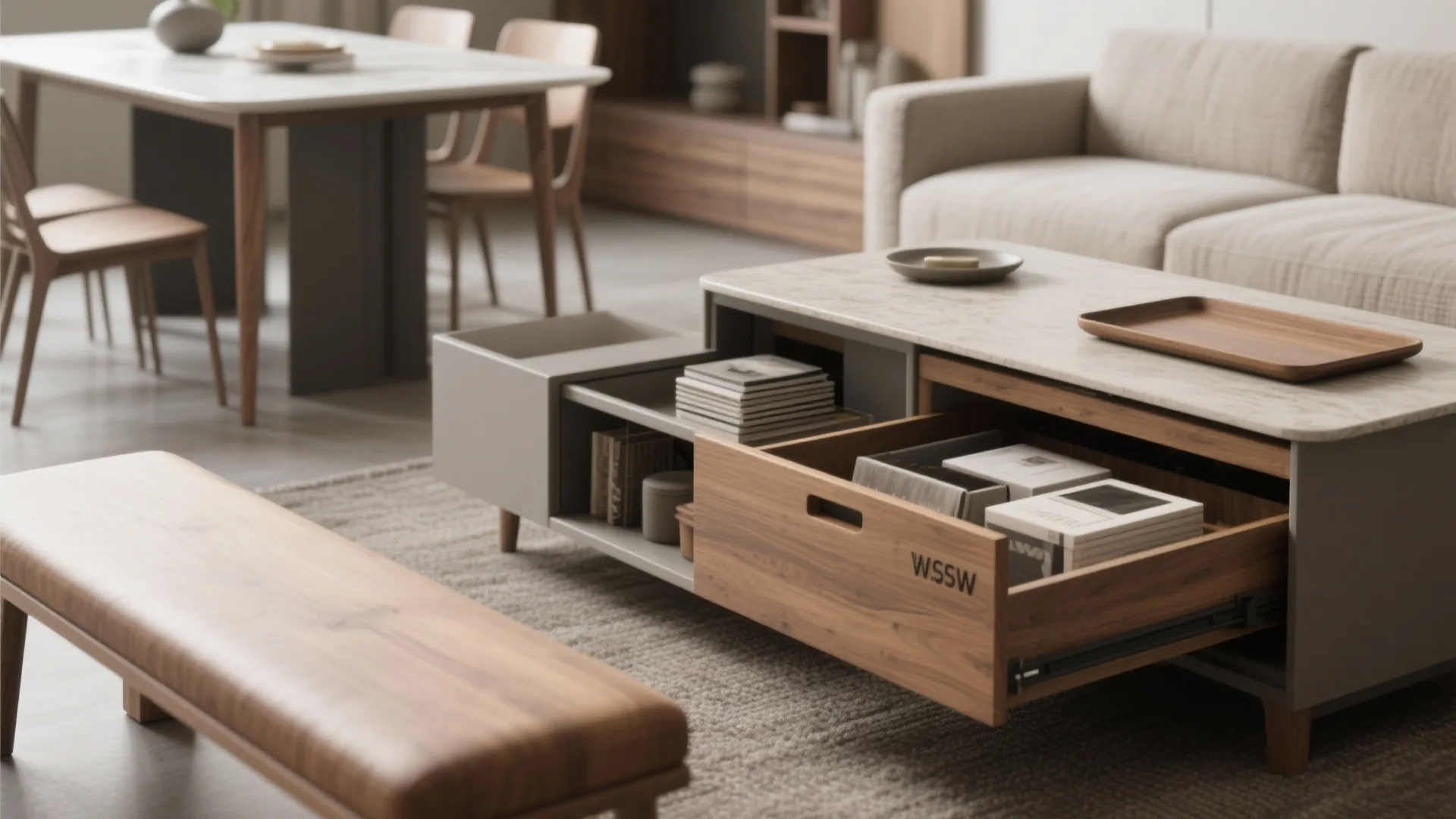 Modern coffee table with open wooden drawers showing storage space for books and living room items