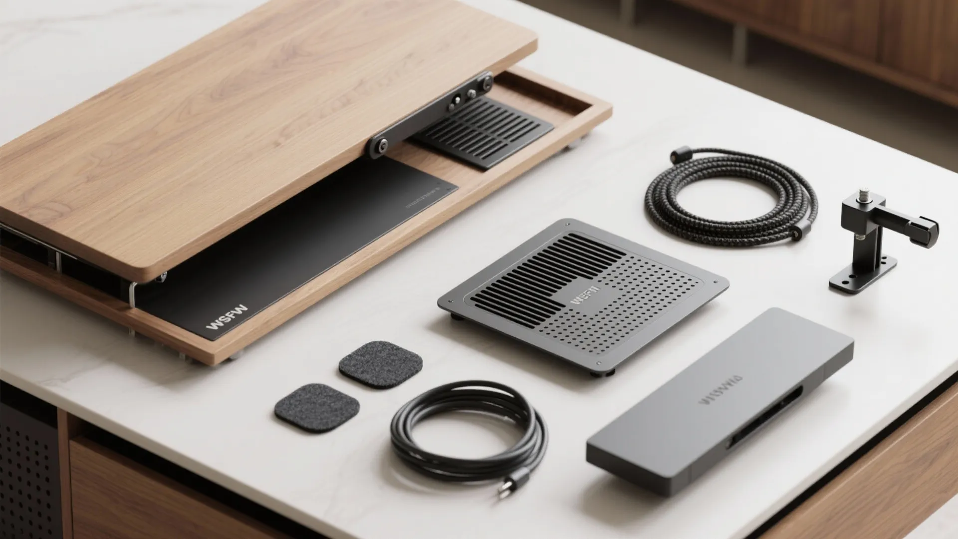 Wooden shelf with black metal hardware, cables, and small tech accessories on white stone table