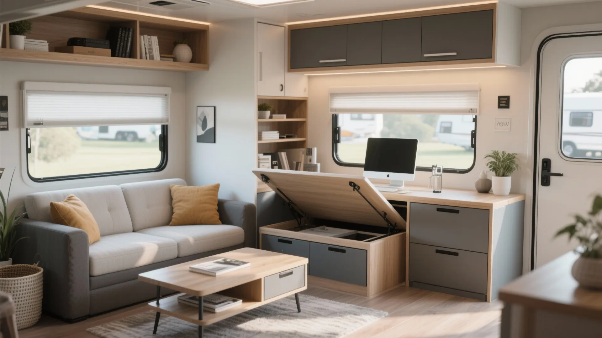 Modern living area with grey sofa wooden coffee table and desk with hidden storage space