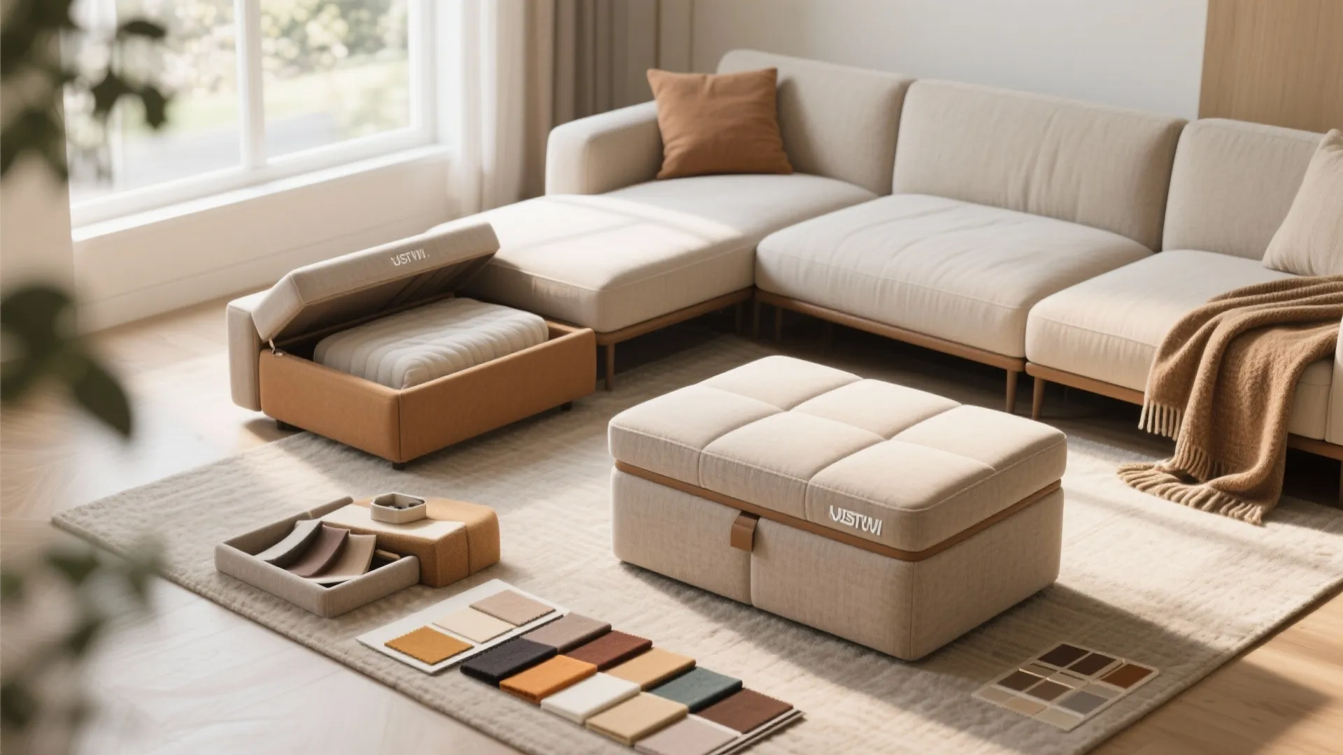 Modular beige sofa with footrest showing storage space and fabric color samples on a rug