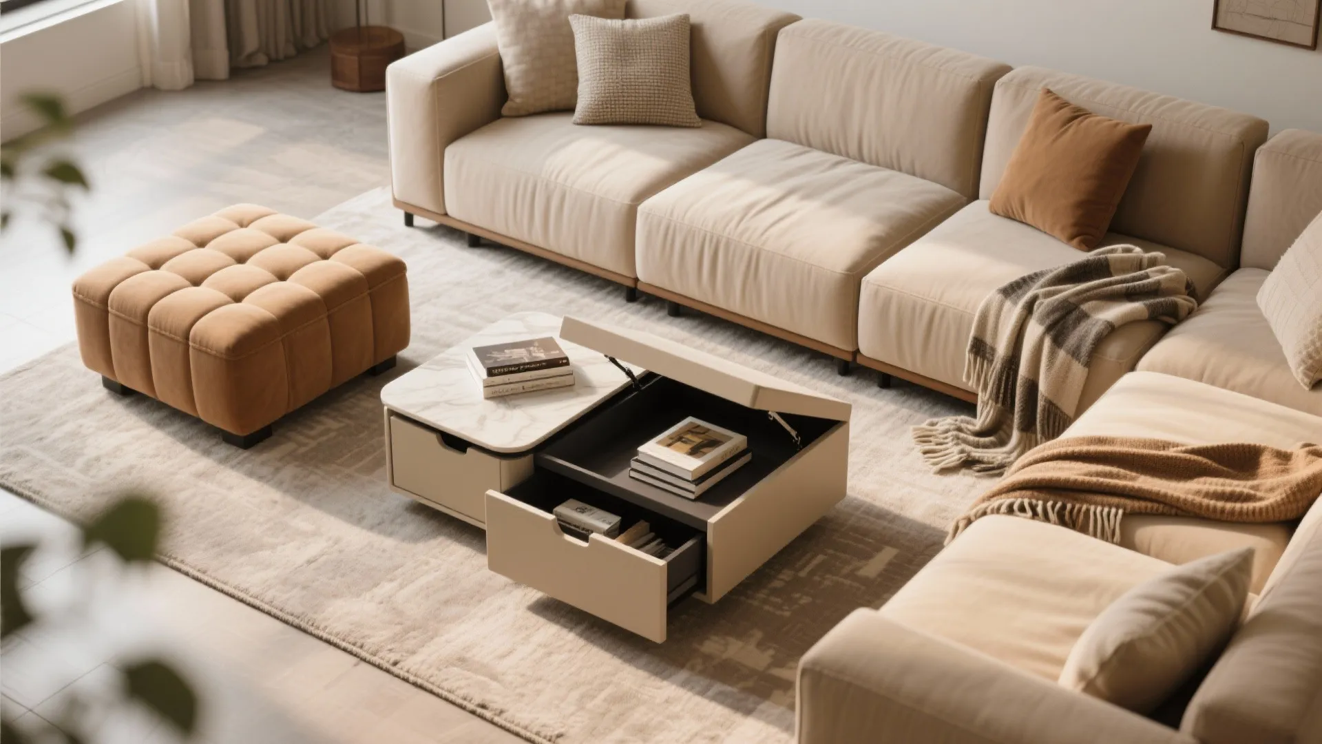 Cream modular sofa with brown footrest and coffee table showing hidden storage drawers and books
