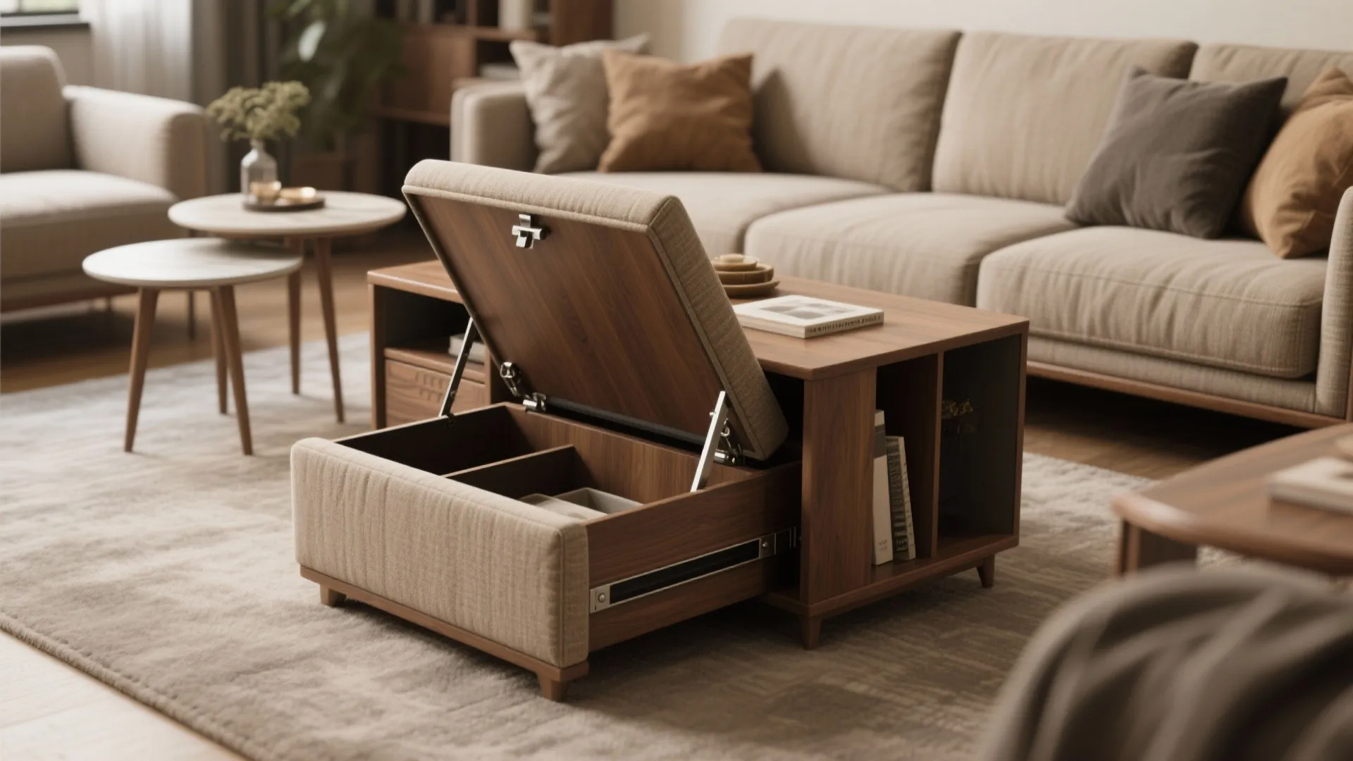 Multifunctional wooden coffee table with open storage drawer and hidden compartment in a living room