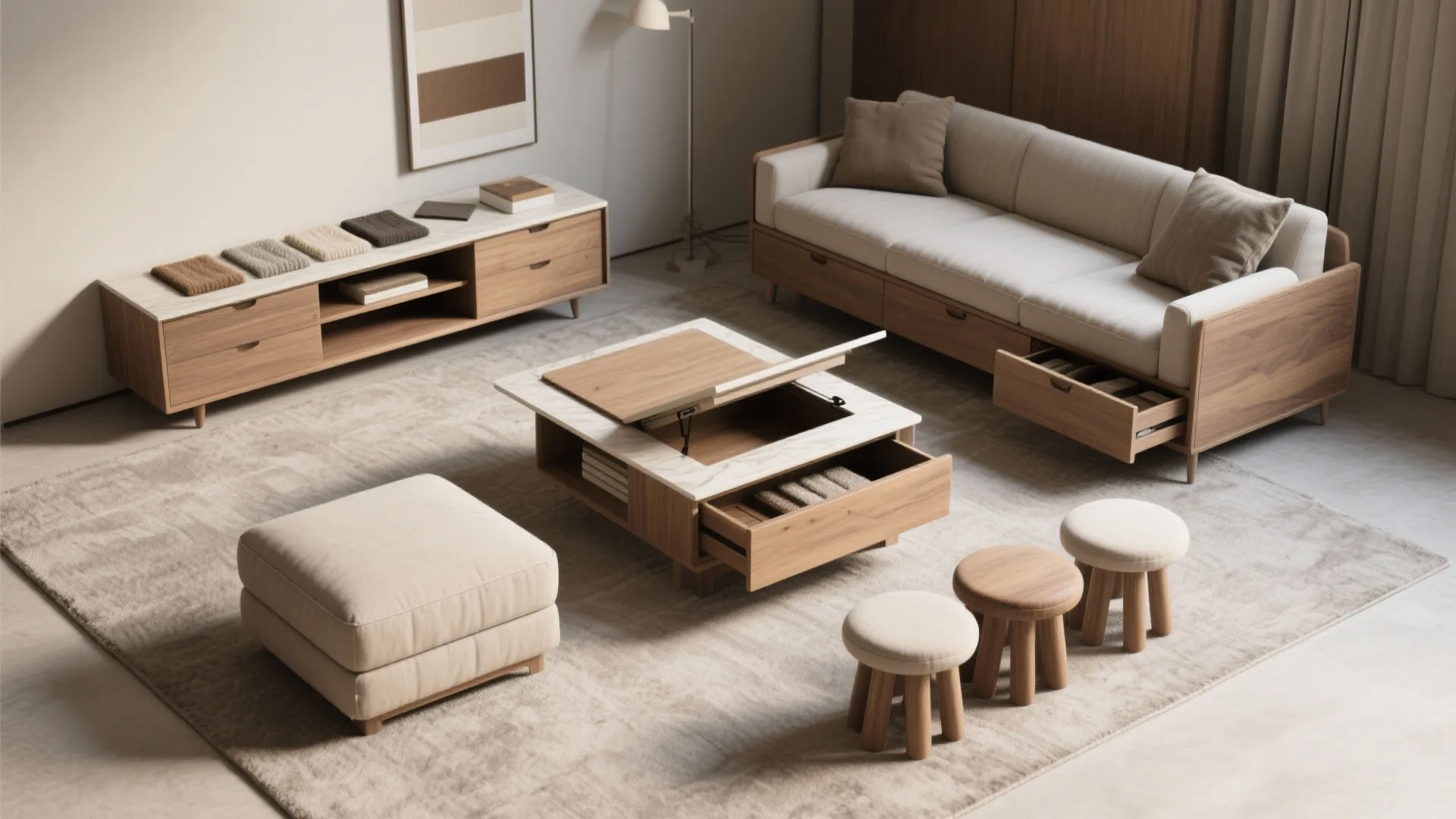 Modern living room featuring multi functional wooden furniture with hidden storage drawers and a coffee table
