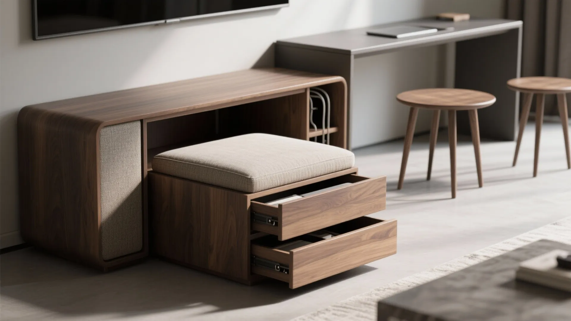Modern dark wood cabinet featuring pull out cushioned footrest with open drawers in minimalist room