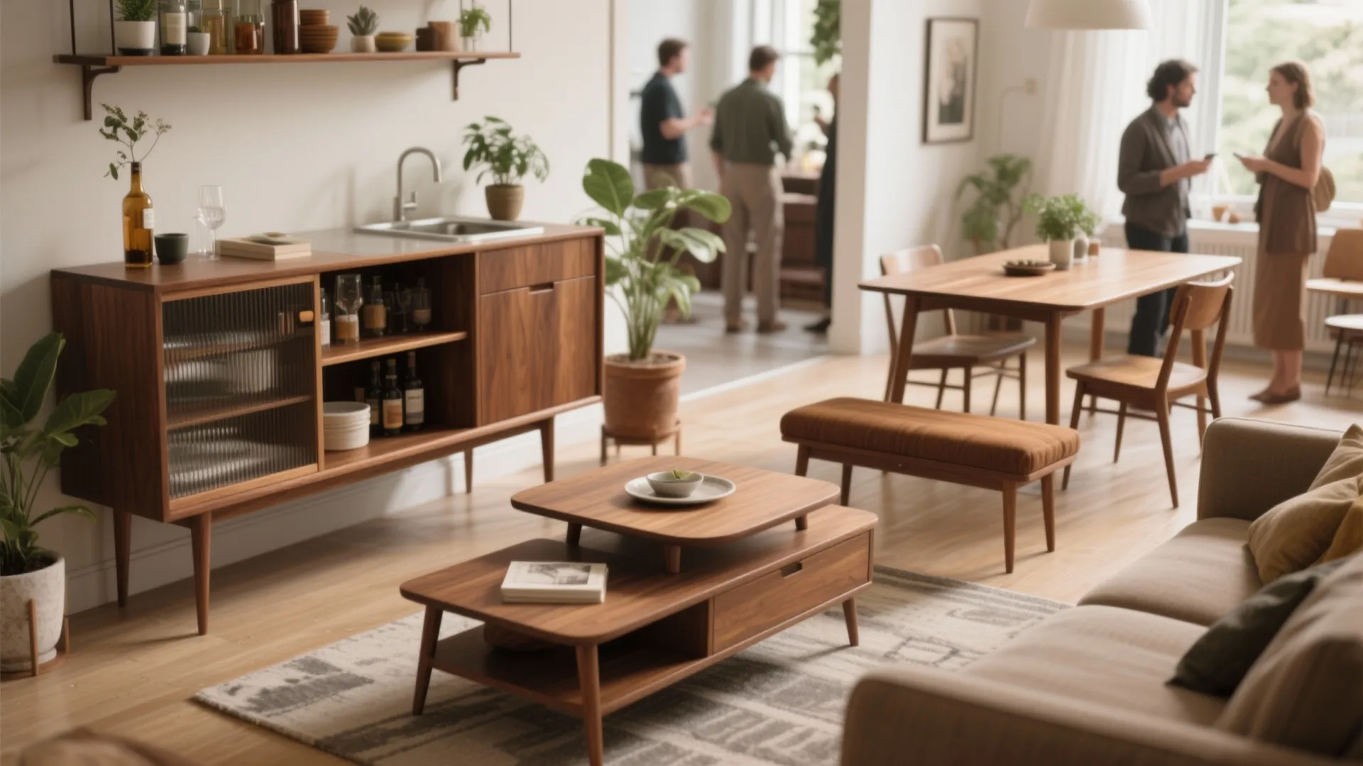 Modern open space with wooden cabinet, coffee table, dining set, and people talking in the background