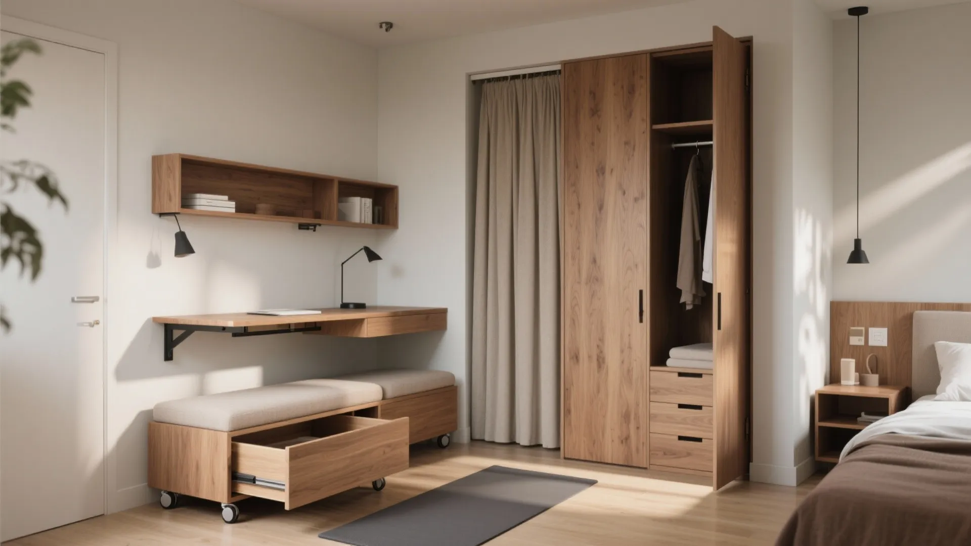 Modern bedroom featuring a wooden desk with wall shelves and a large wardrobe with drawers