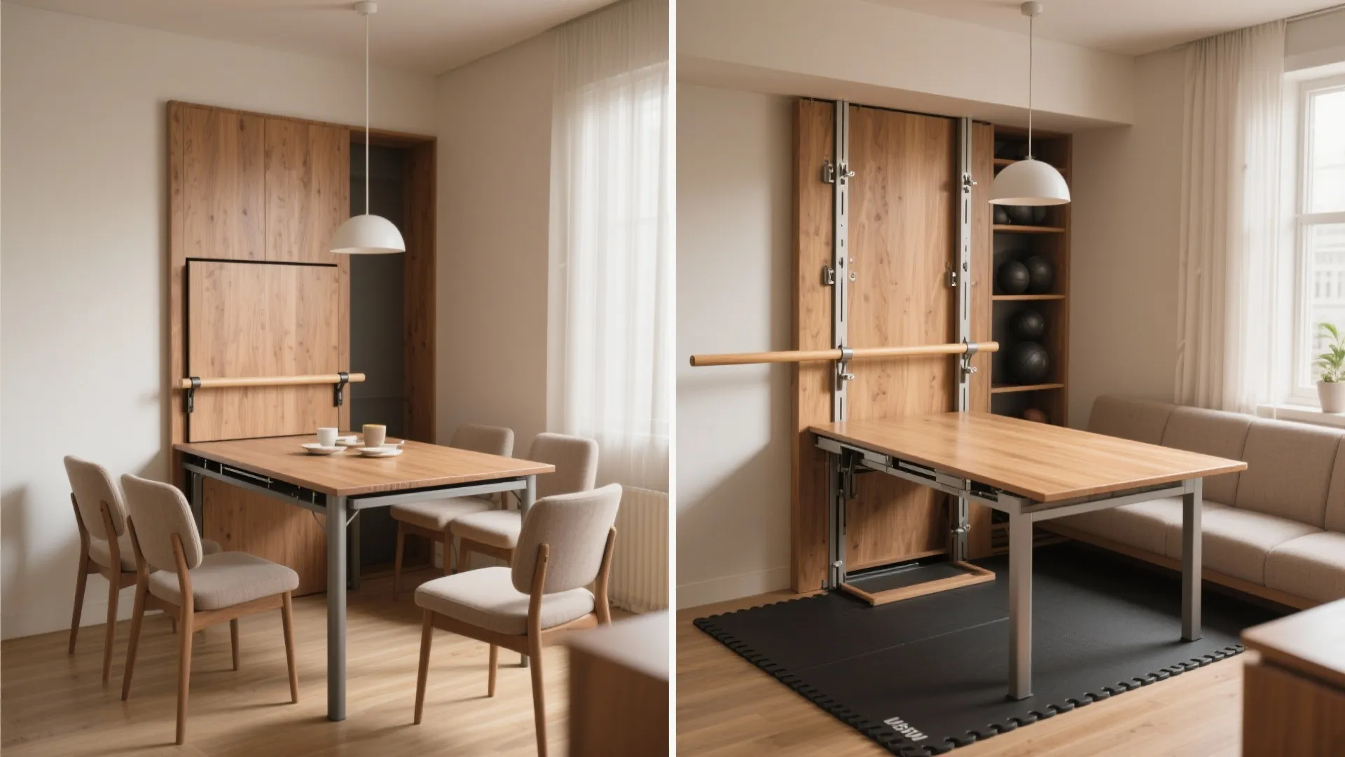 Before and after view of a dining table folded into a barre, showing multifunctional furniture in a studio apartment.