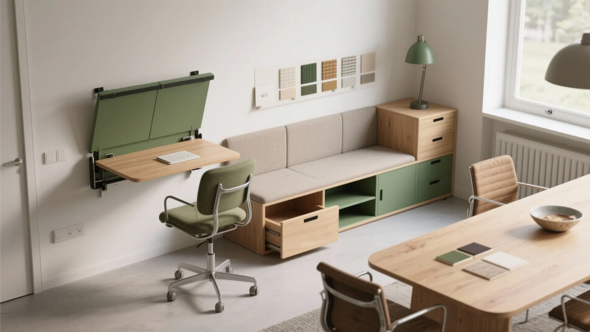 Fold-down desk, bench with hidden storage and convertible table samples showing multi-function furniture options.