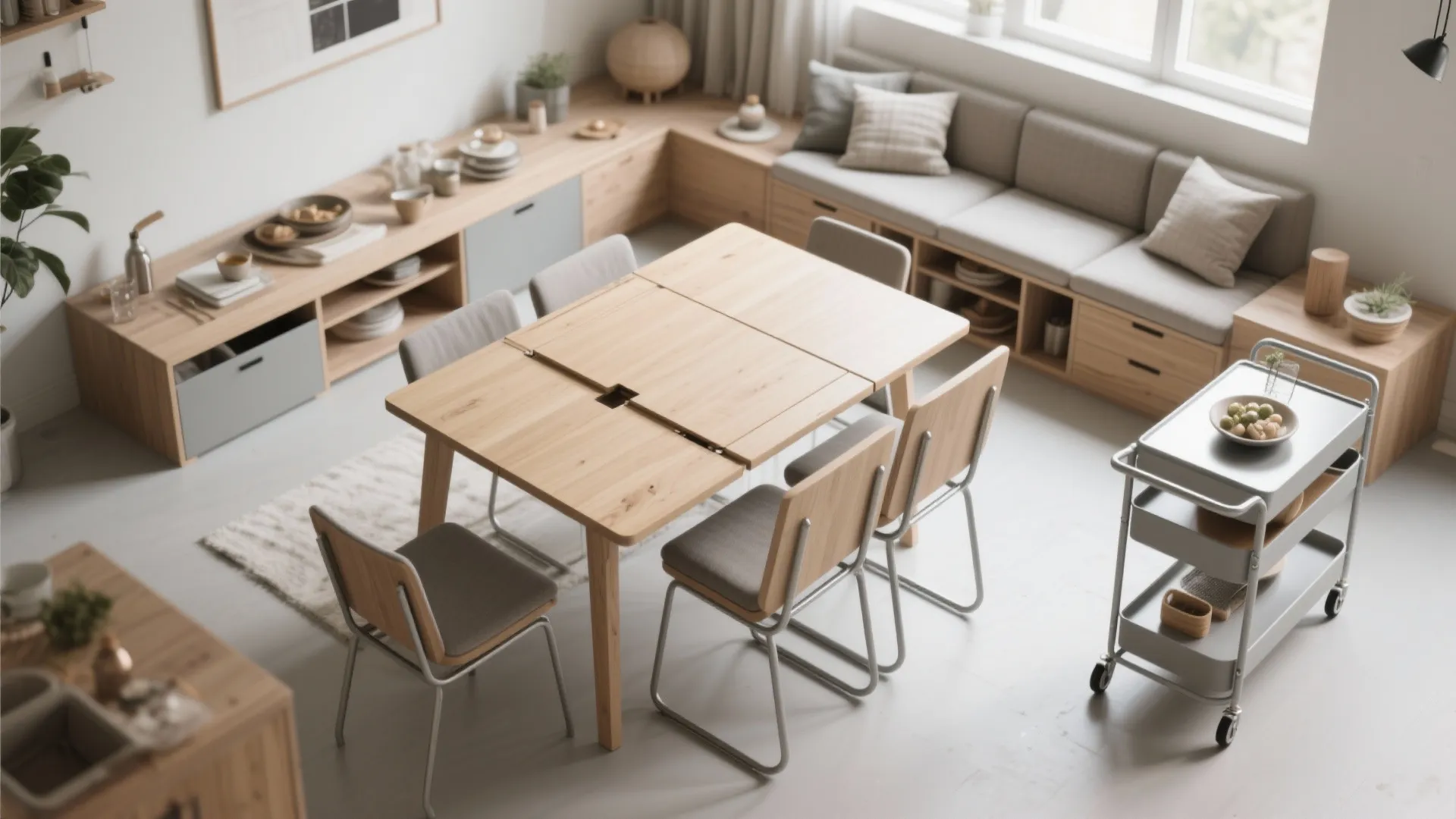 Top view of a wooden dining table with grey chairs next to a long cabinet