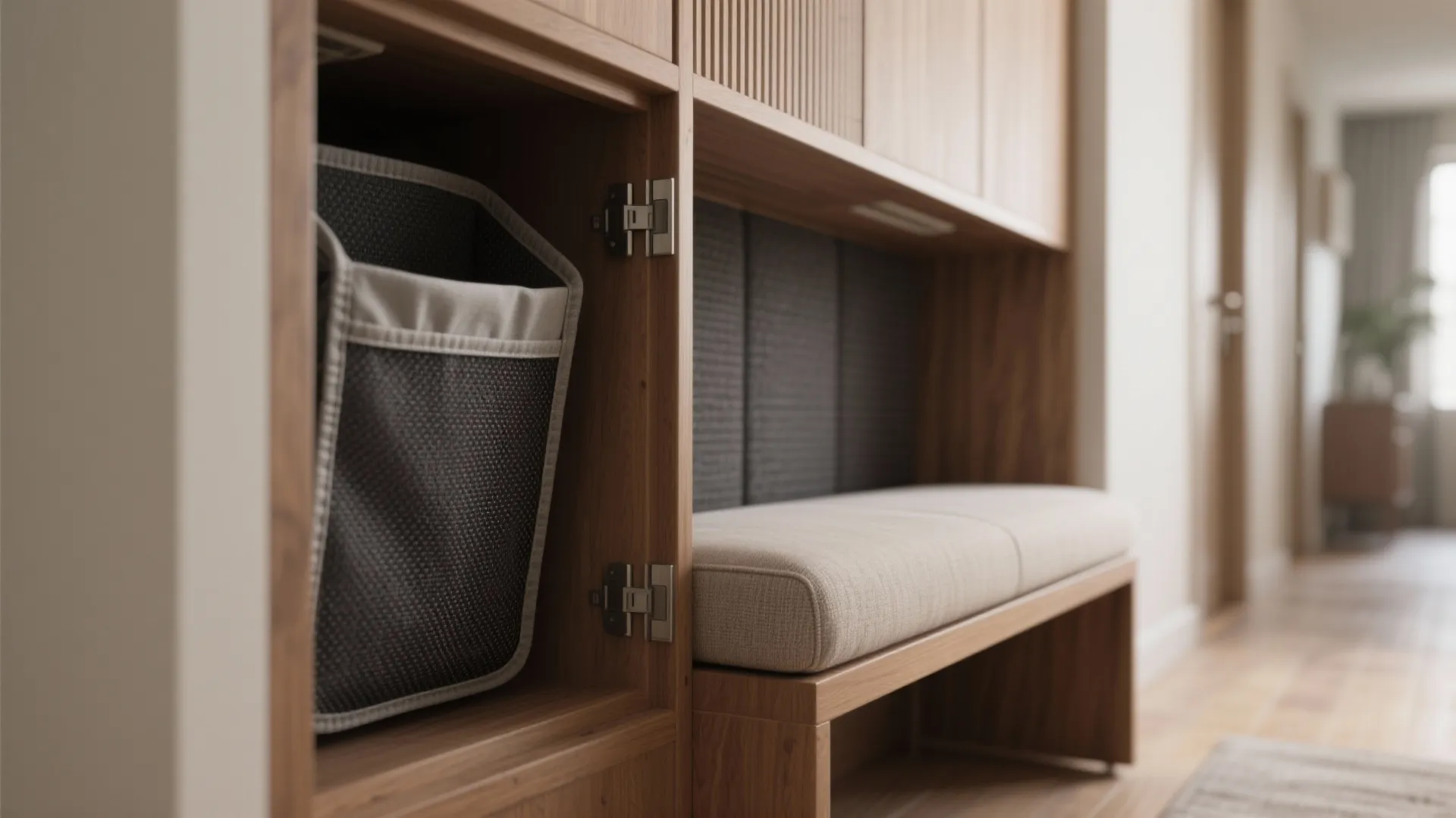 Wooden cabinet with storage bag and cushioned bench in a bright hallway with soft light