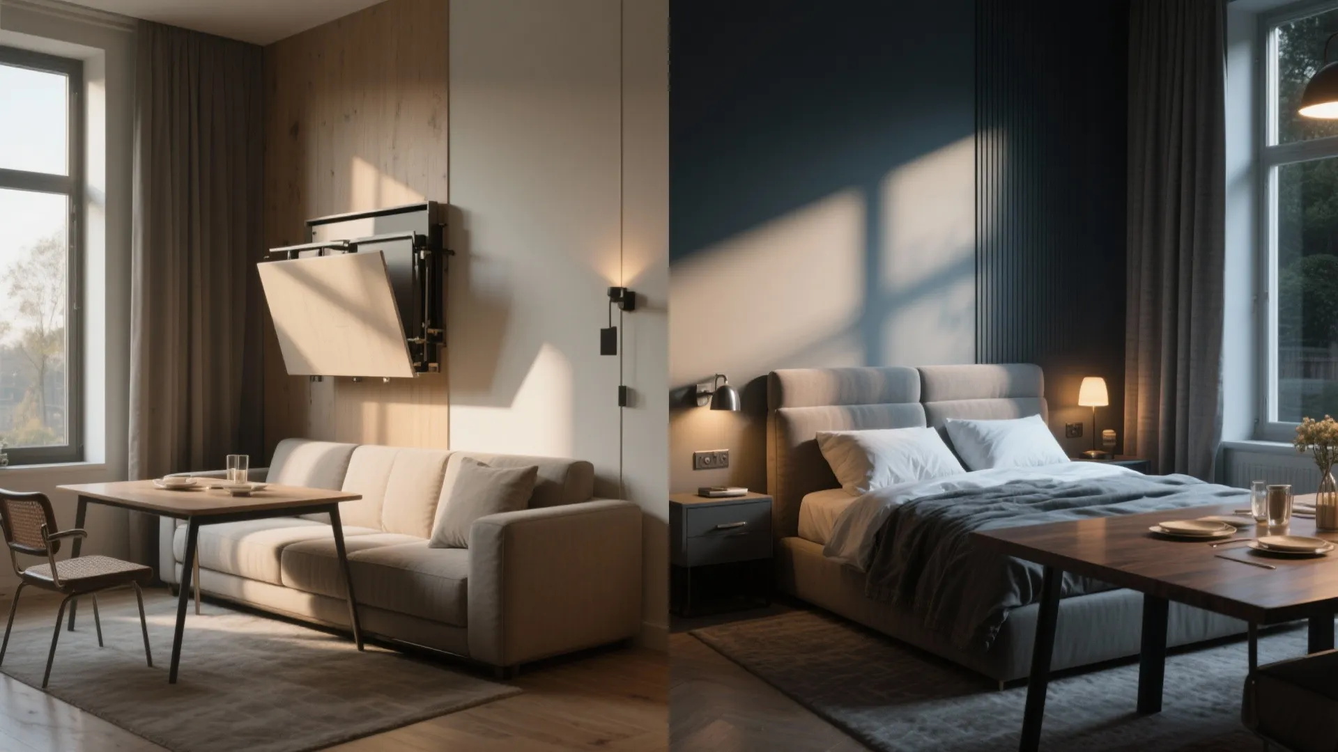 Side by side comparison of a living room with sofa and a cozy dark bedroom