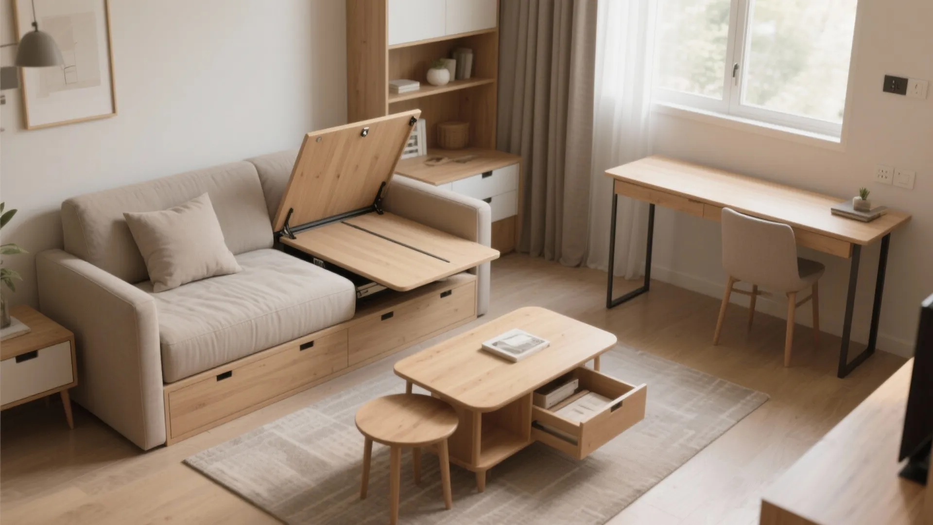 Beige sofa with folding wooden table and storage drawers next to small desk and chair