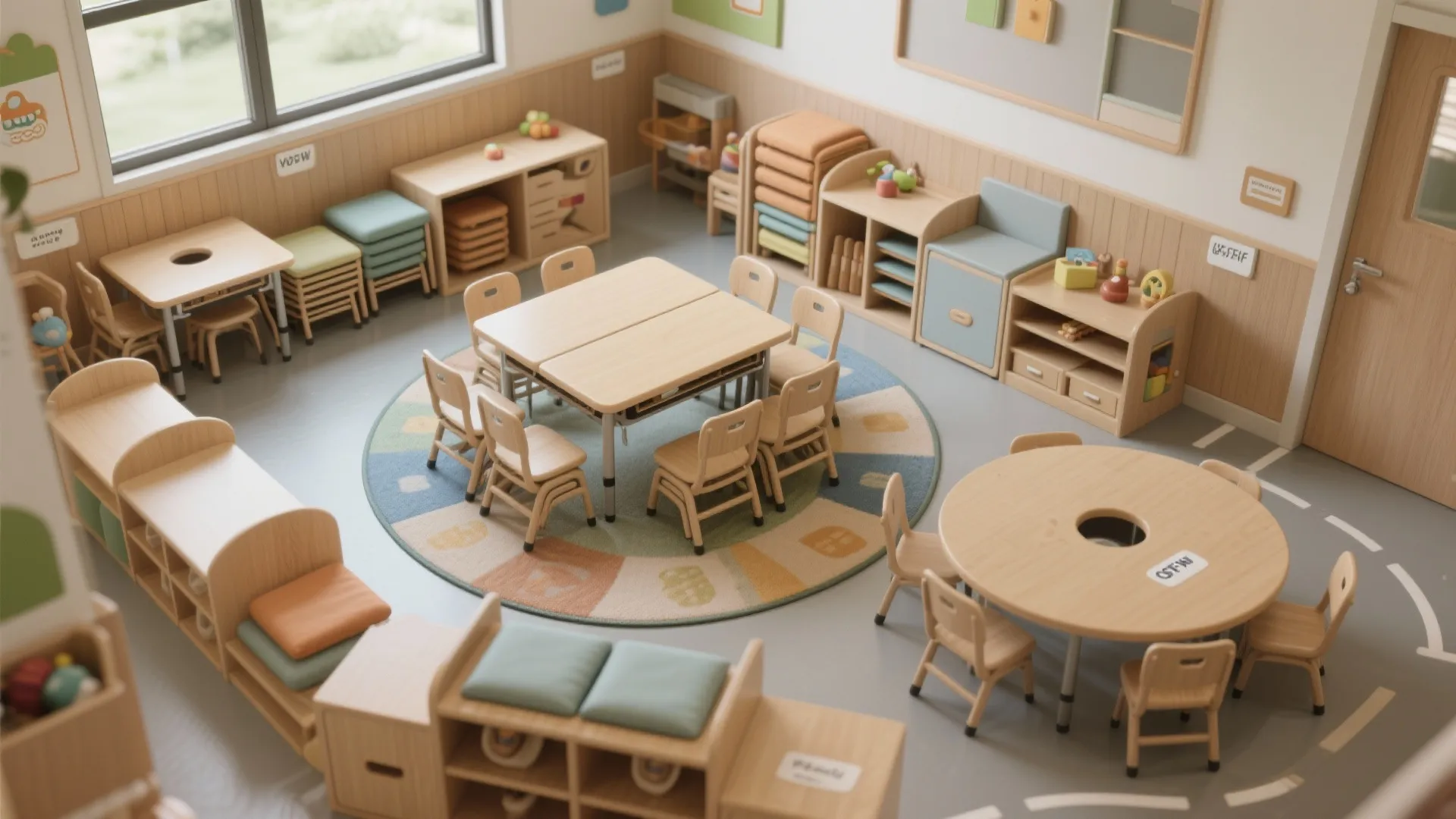 Bright classroom interior with light wood tables small chairs round colorful rug and storage cabinets