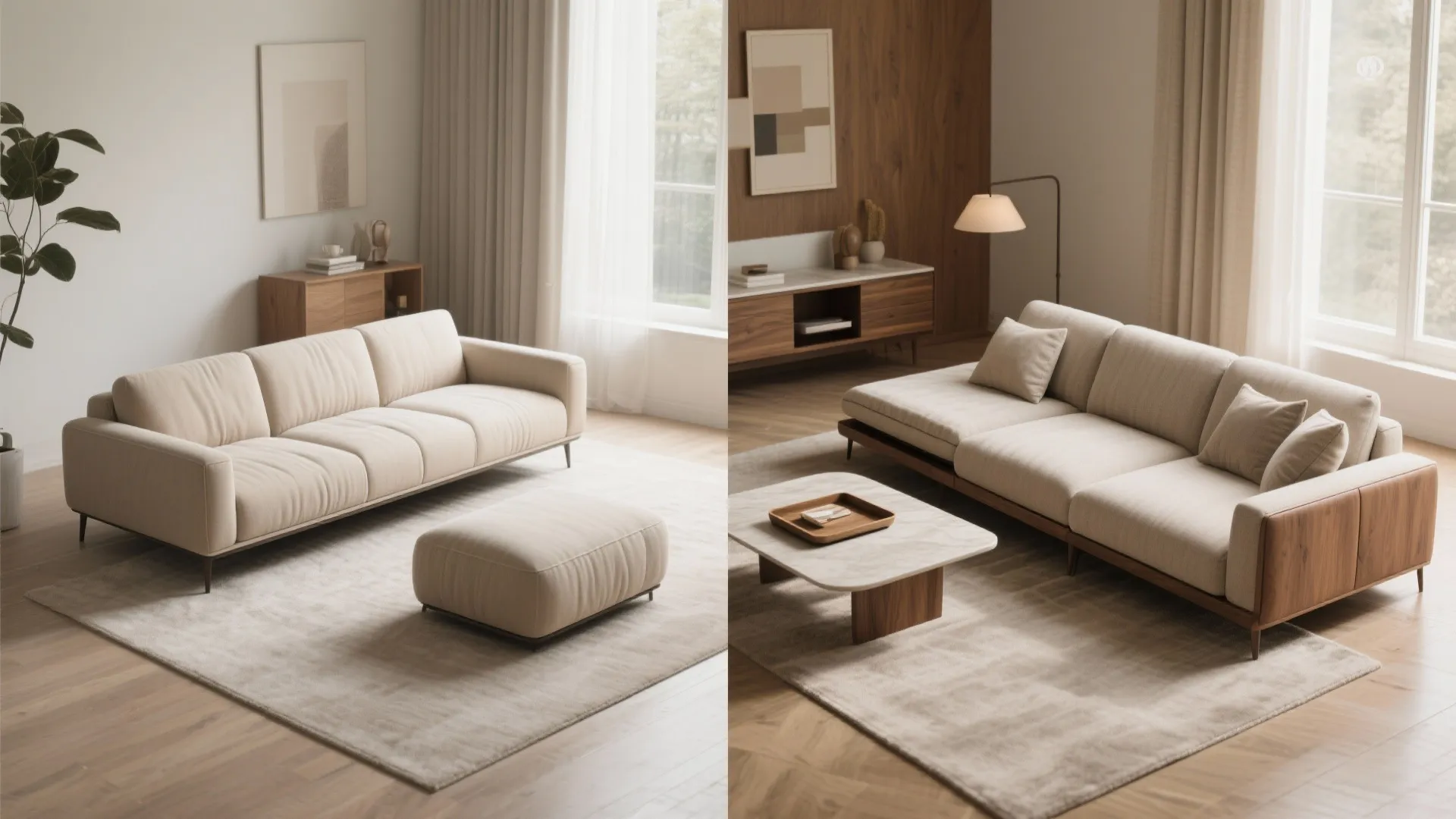 Modern living room showing two beige sofa designs with wooden cabinets and a floor lamp