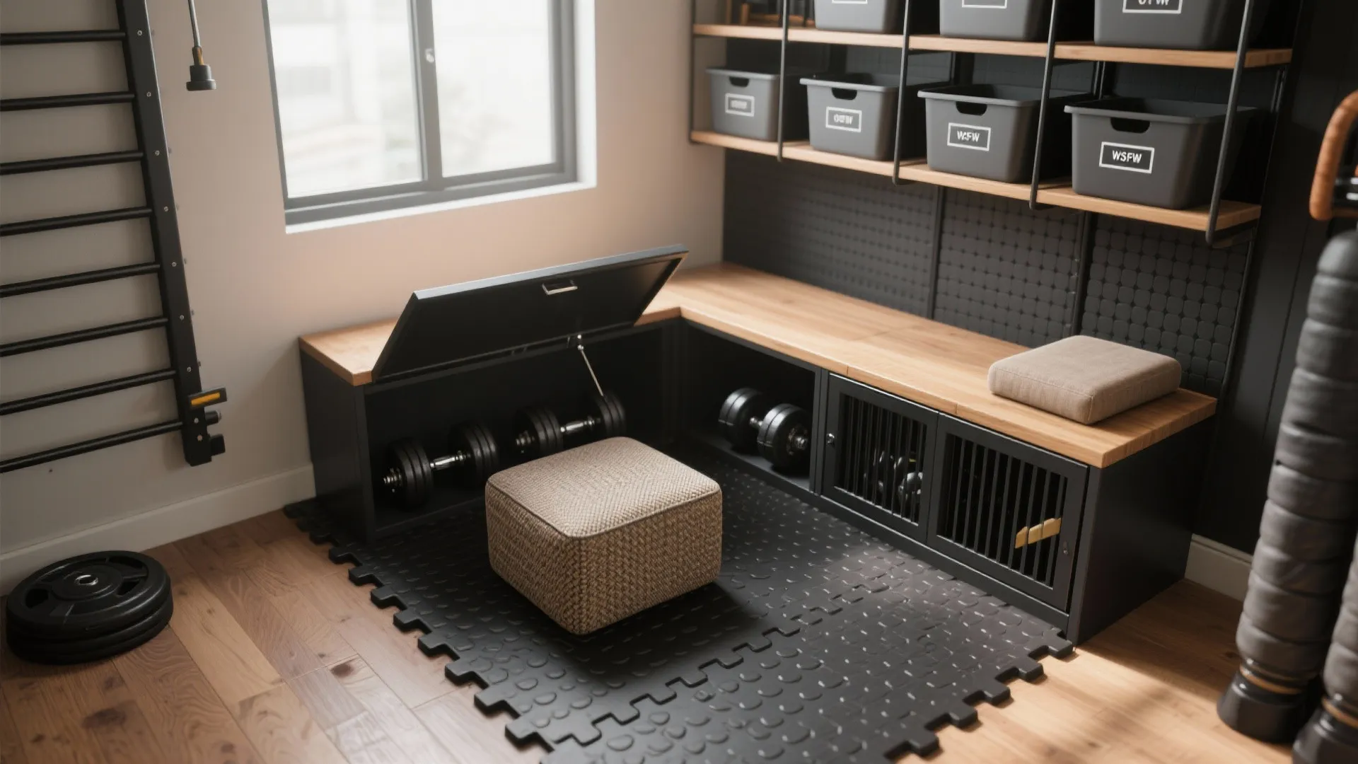 Home gym storage area with wooden bench for dumbbells plus wall shelves with gray bins