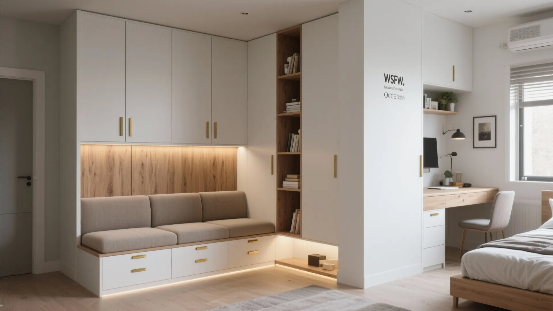 Modern room layout with built in sofa white cabinets wooden desk and integrated bookshelf storage
