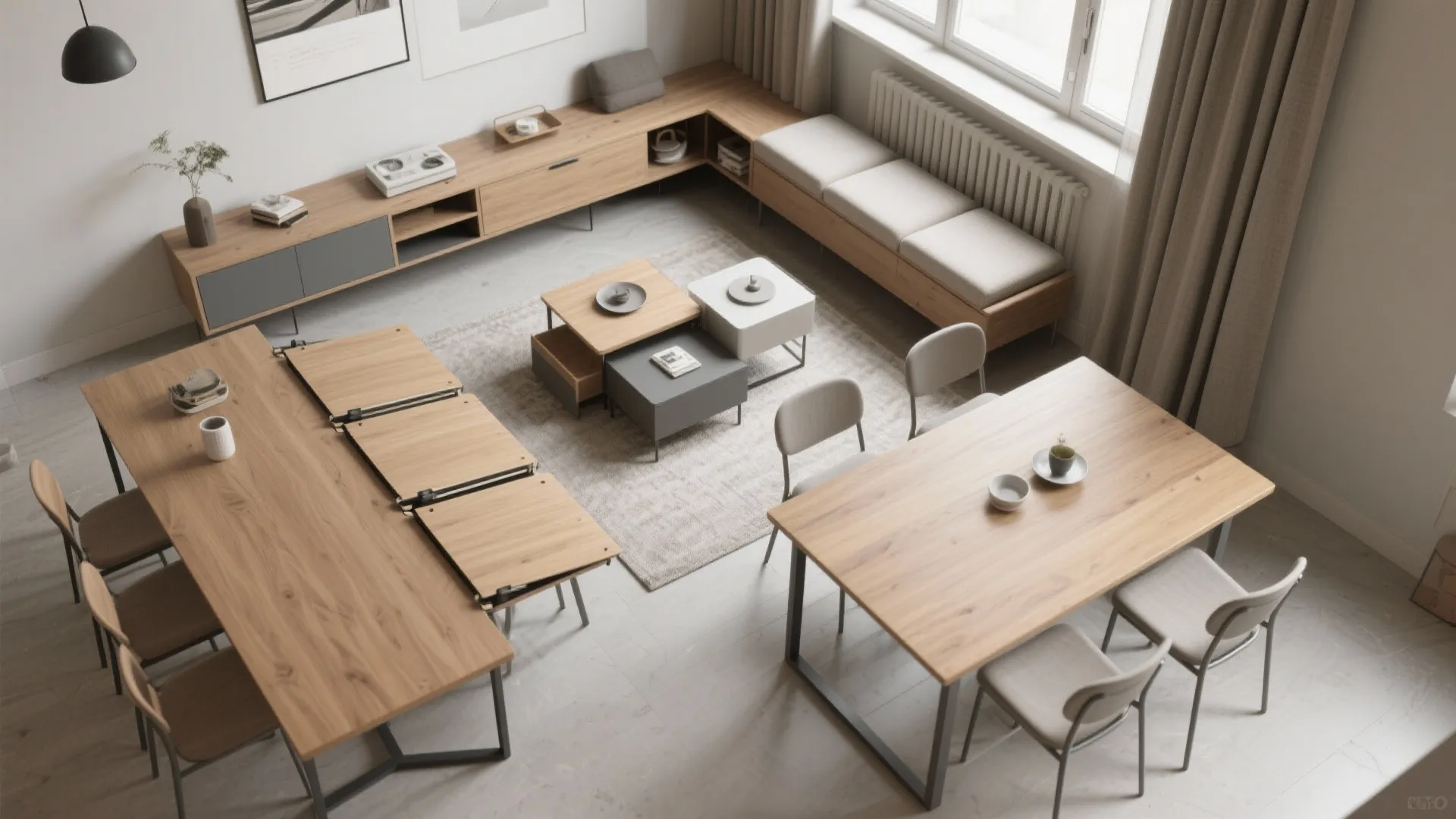 Top-down layout showing drop-leaf table, nesting tables and storage bench in a compact room.