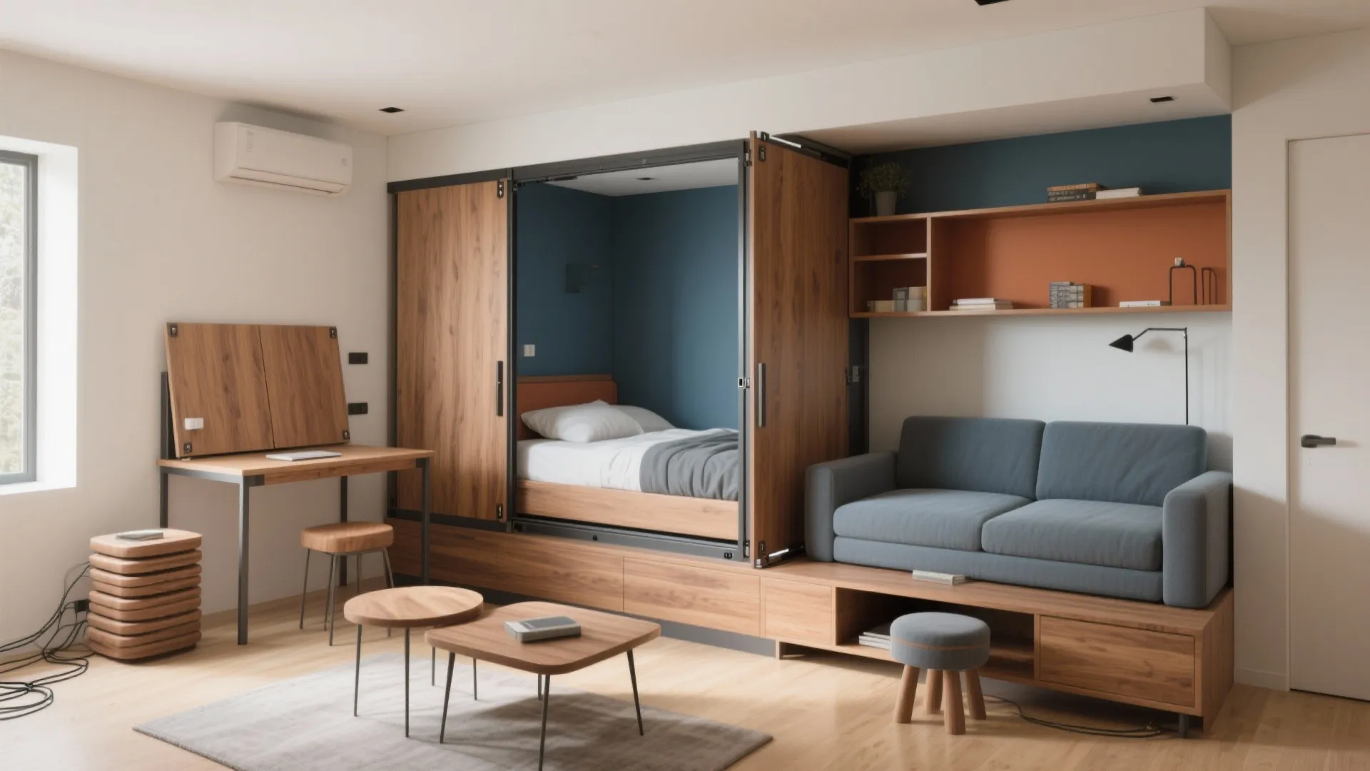 Modern studio apartment with a folding bed integrated into wood cabinets next to blue sofa