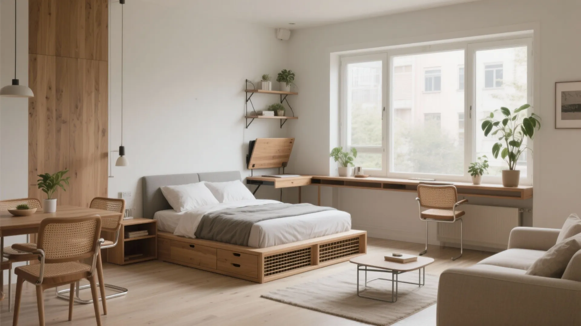 Multifunction furniture: platform bed storage, a fold-down desk, and a nesting dining set