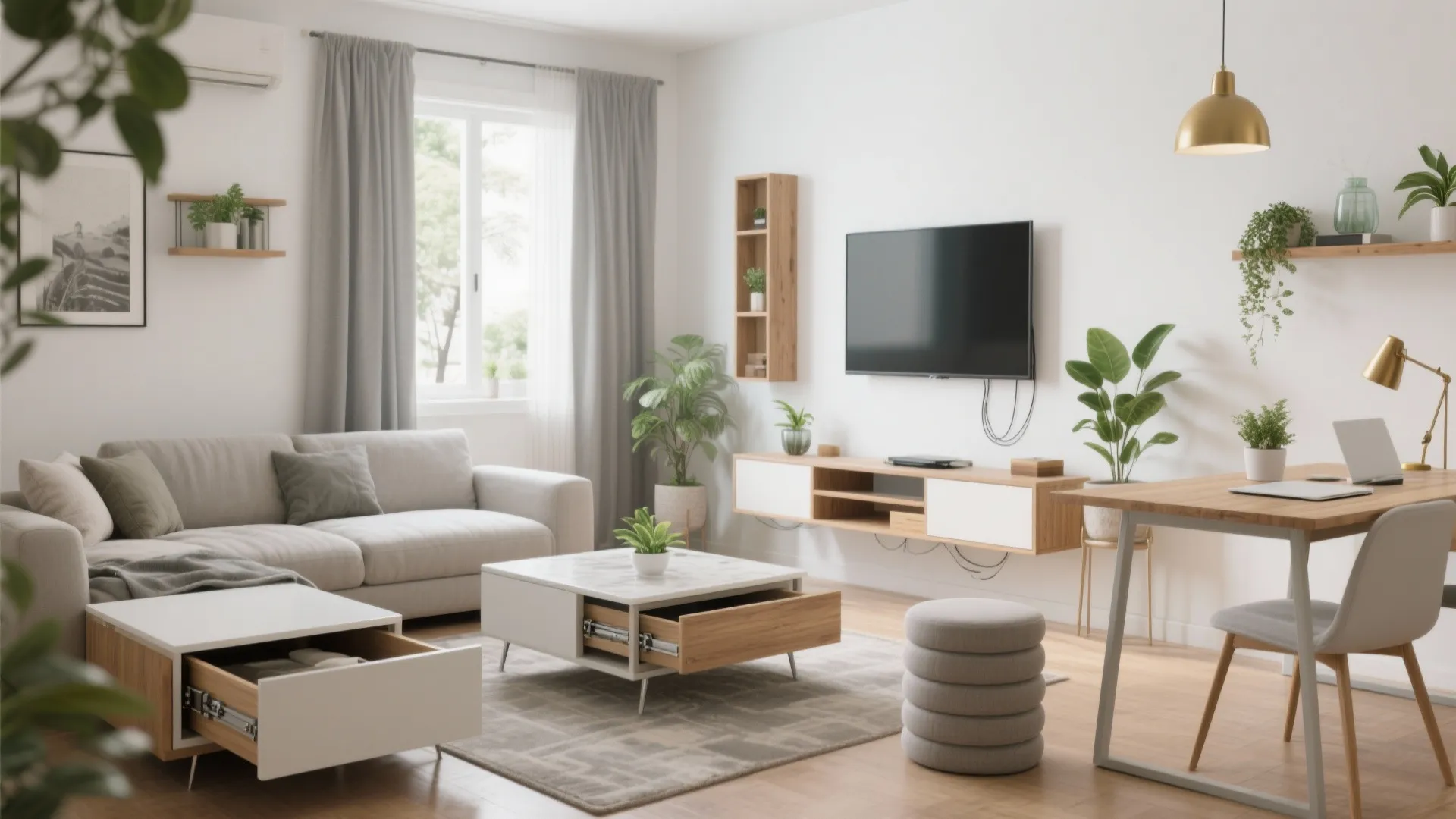 Modern living room with grey sofa white coffee table wood tv stand and golden ceiling light