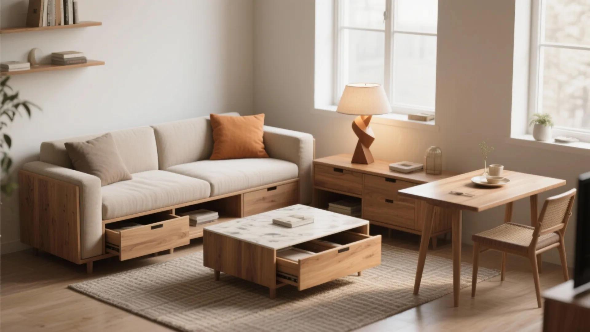 Small living room showing a storage sofa and an expandable coffee-to-dining table with a statement lamp.