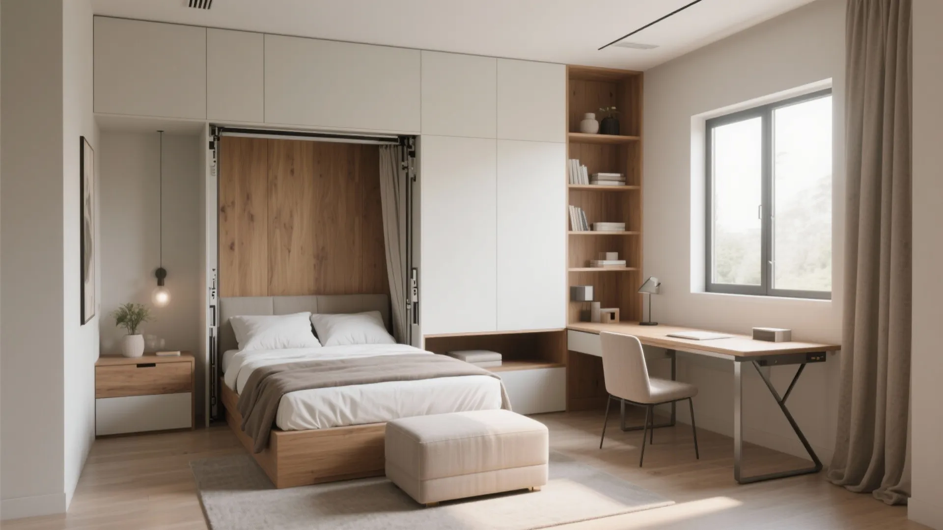 Small bedroom with Murphy bed, storage ottoman and fold-away desk showing multifunctional solutions.