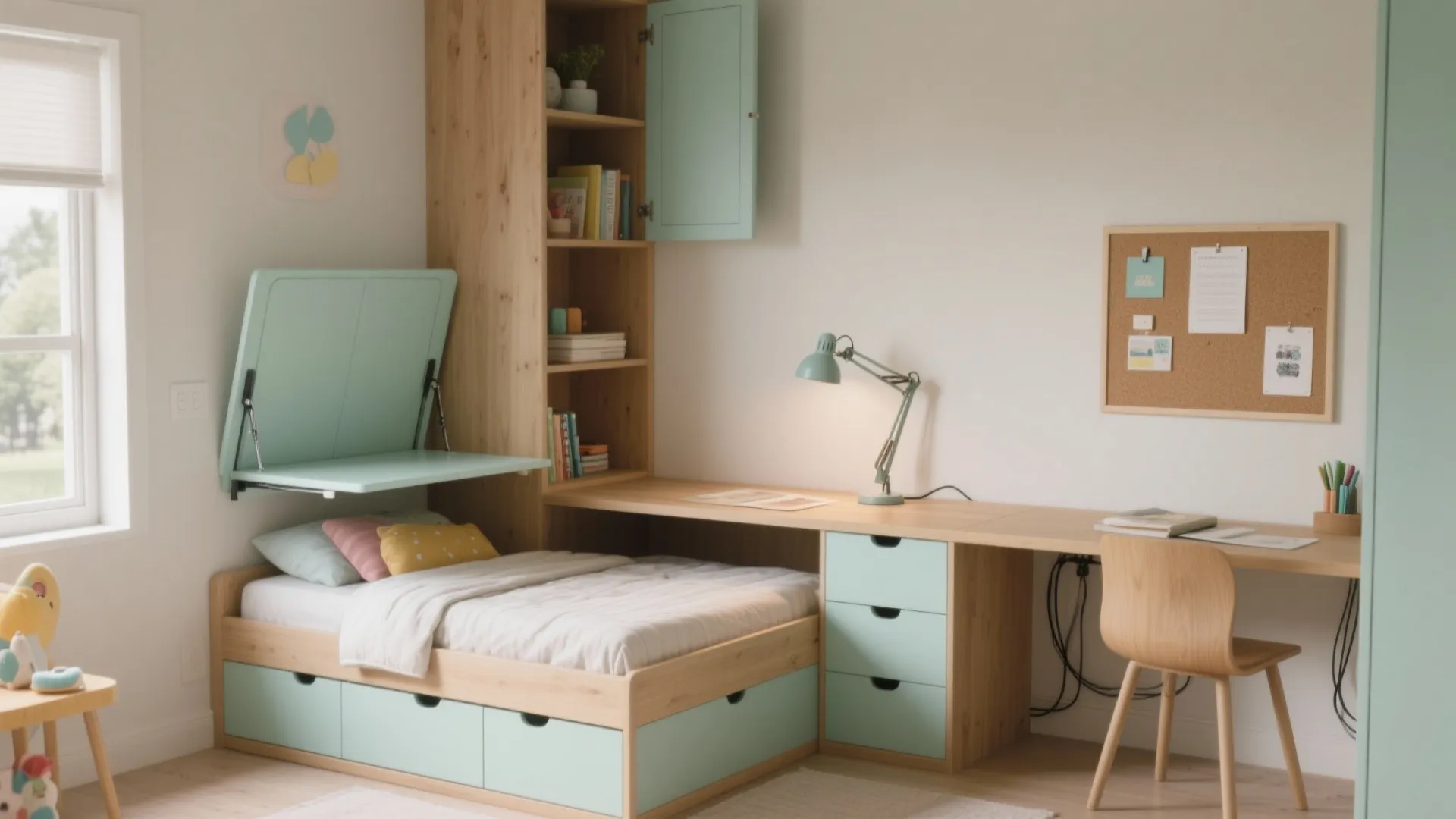 Trundle bed, flip-up desk, and an L-shaped study nook maximize a small kids bedroom.