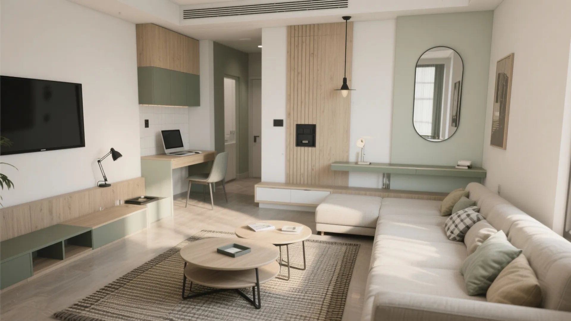 Modern living room interior design featuring green sofa, wooden desk, round coffee tables, and wall mirror