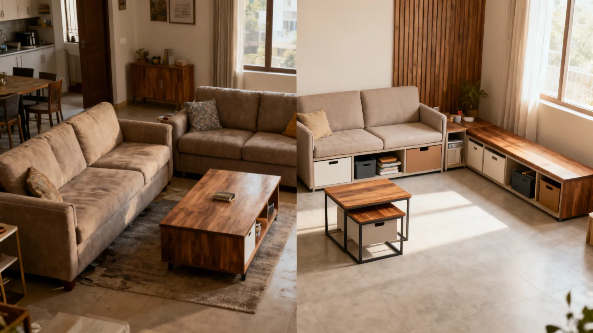 Before-and-after living room showing bulky set replaced with compact storage furniture.