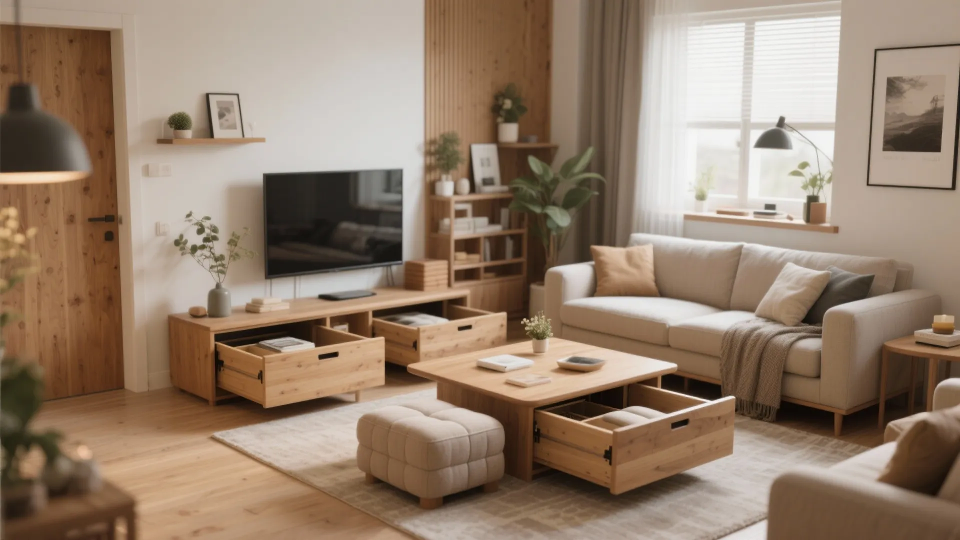 Bright living room showing wooden coffee table and cabinet with open drawers for extra storage