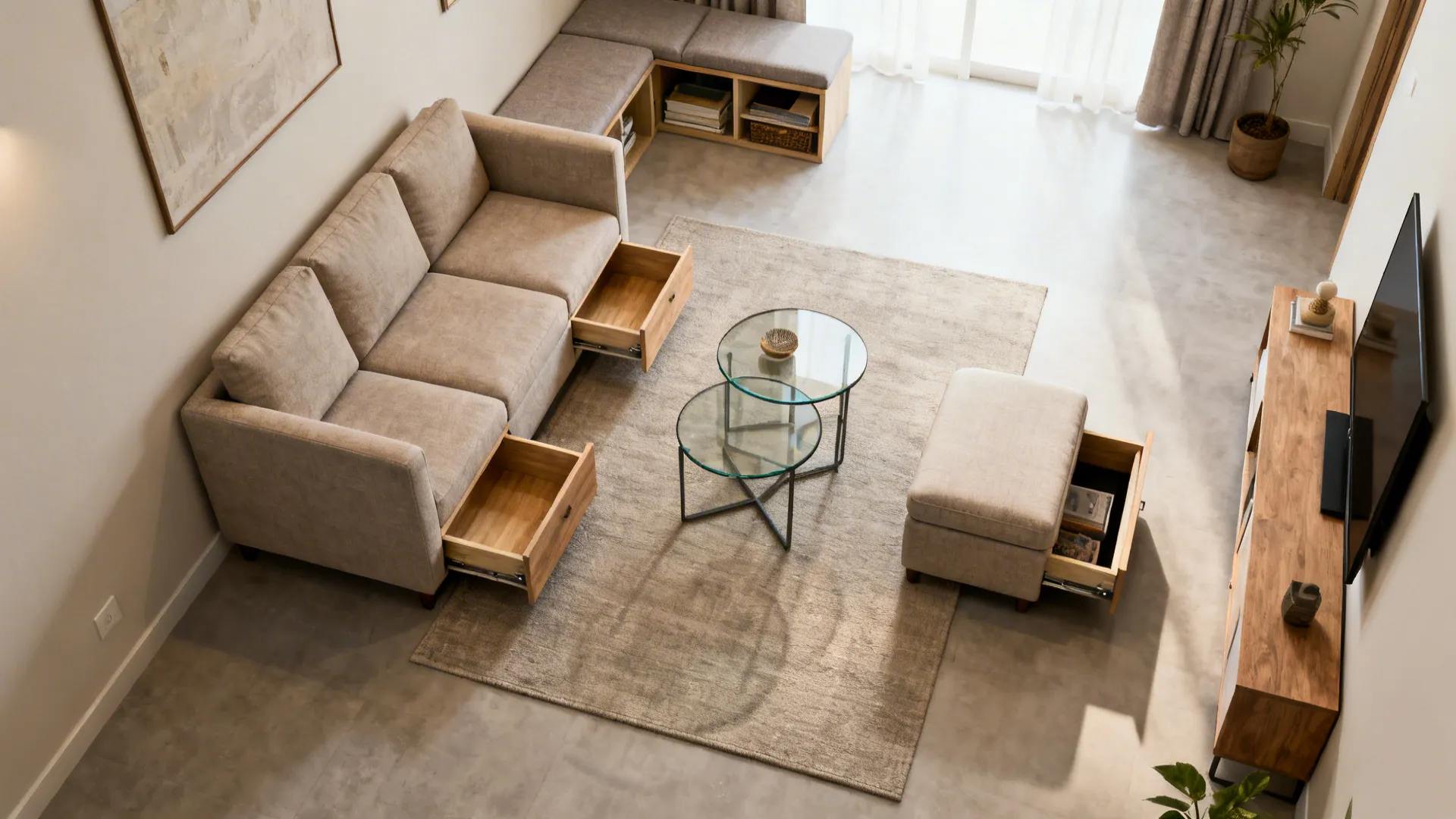 Top-down view of a small living room with storage sofa, nesting tables, and a storage bench.