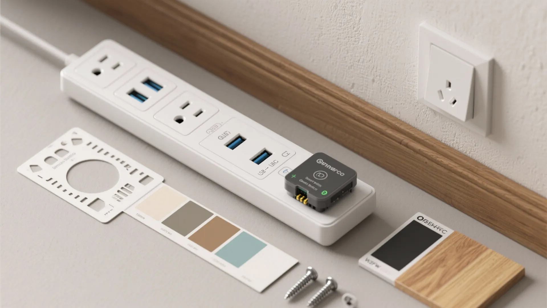 White power strip with USB ports color samples and wood piece on a grey floor