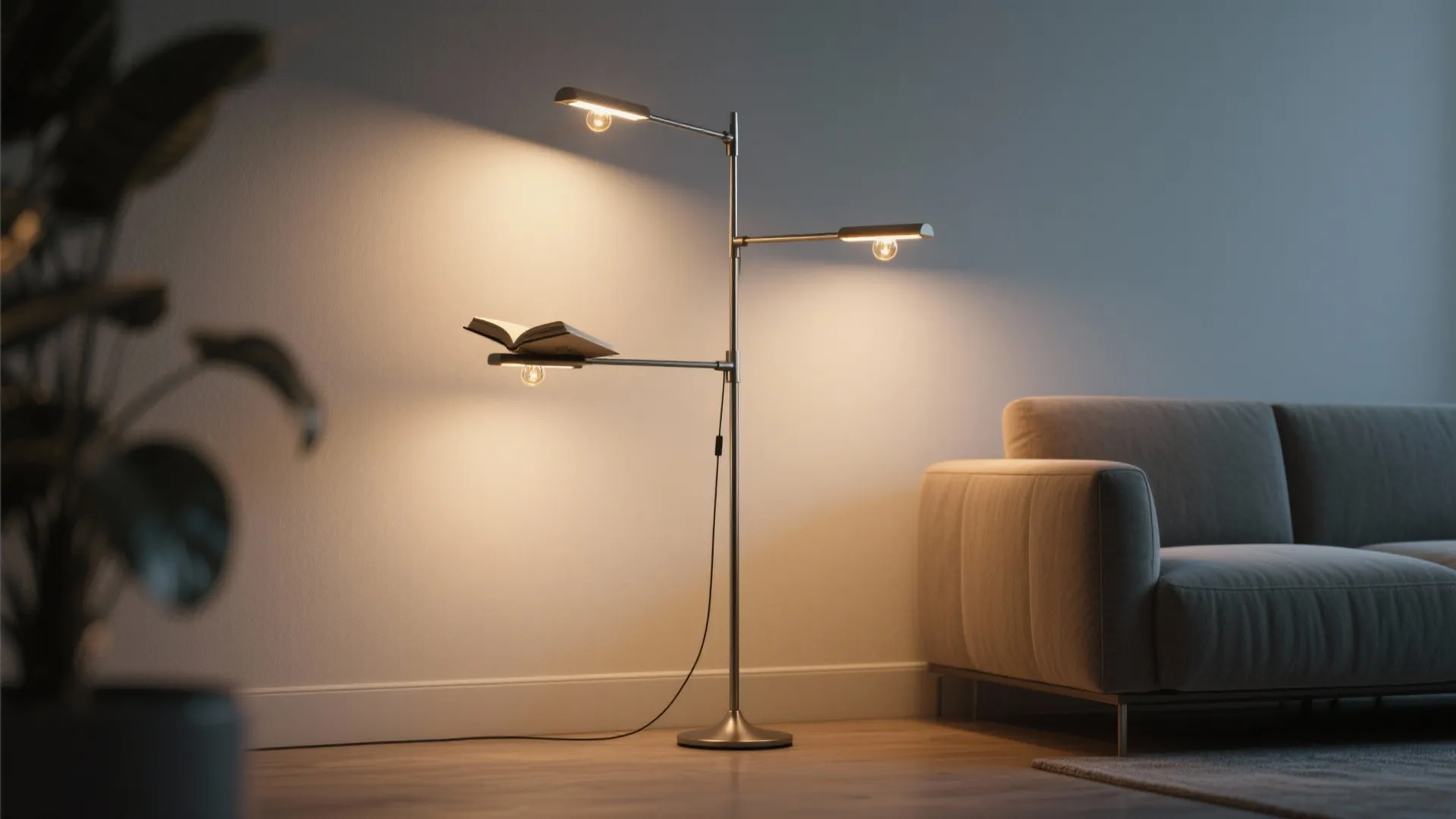Multi-head floor lamp with adjustable arms providing layered reading and ambient lighting in a small living area.