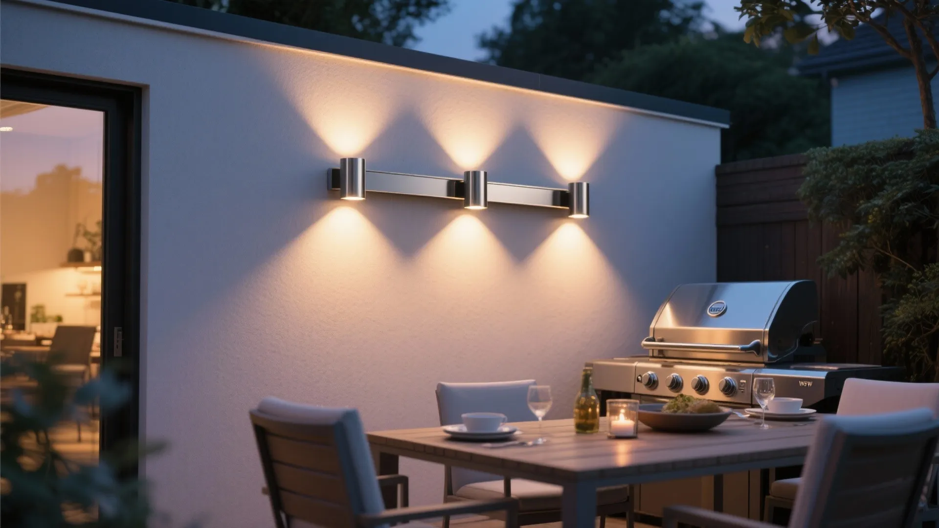 Outdoor patio dining area with wall lights mounted on white wall and stainless steel barbecue