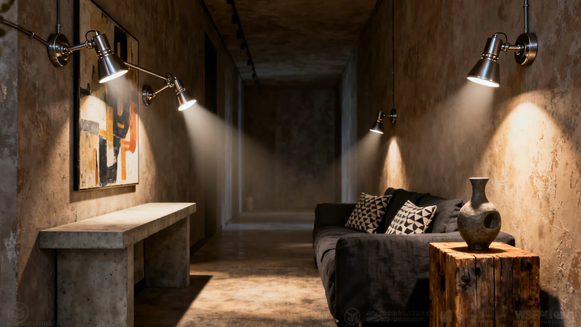 Long narrow living area lit by an articulated multi-head sconce directing beams to art and seating areas.