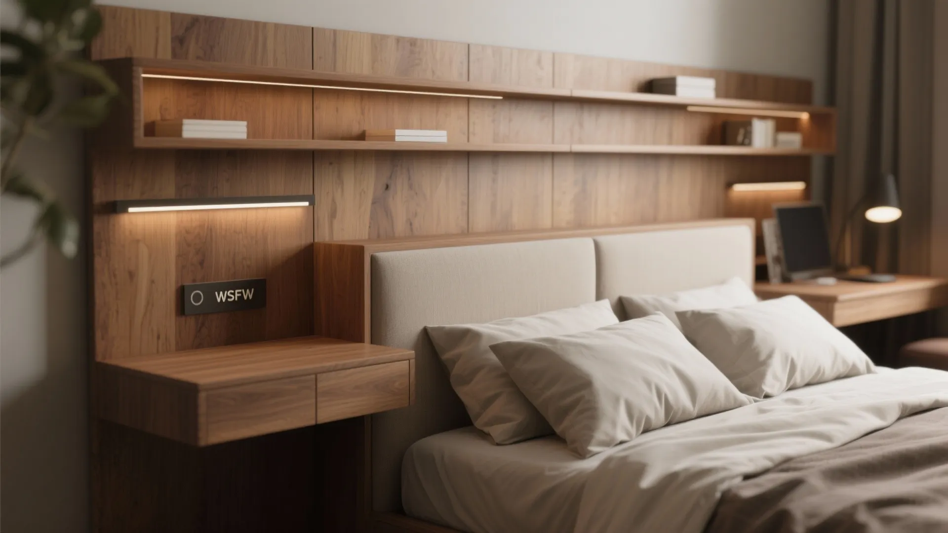 Wooden headboard with built in shelves wall light fixture and nightstand in a modern bedroom
