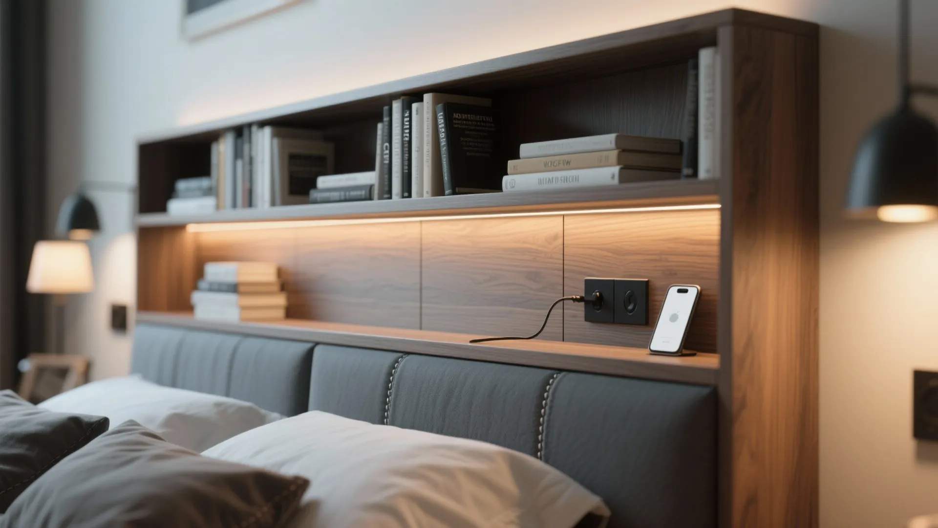 Modern wood bed headboard featuring built-in bookshelves warm light strip integrated power sockets and phone