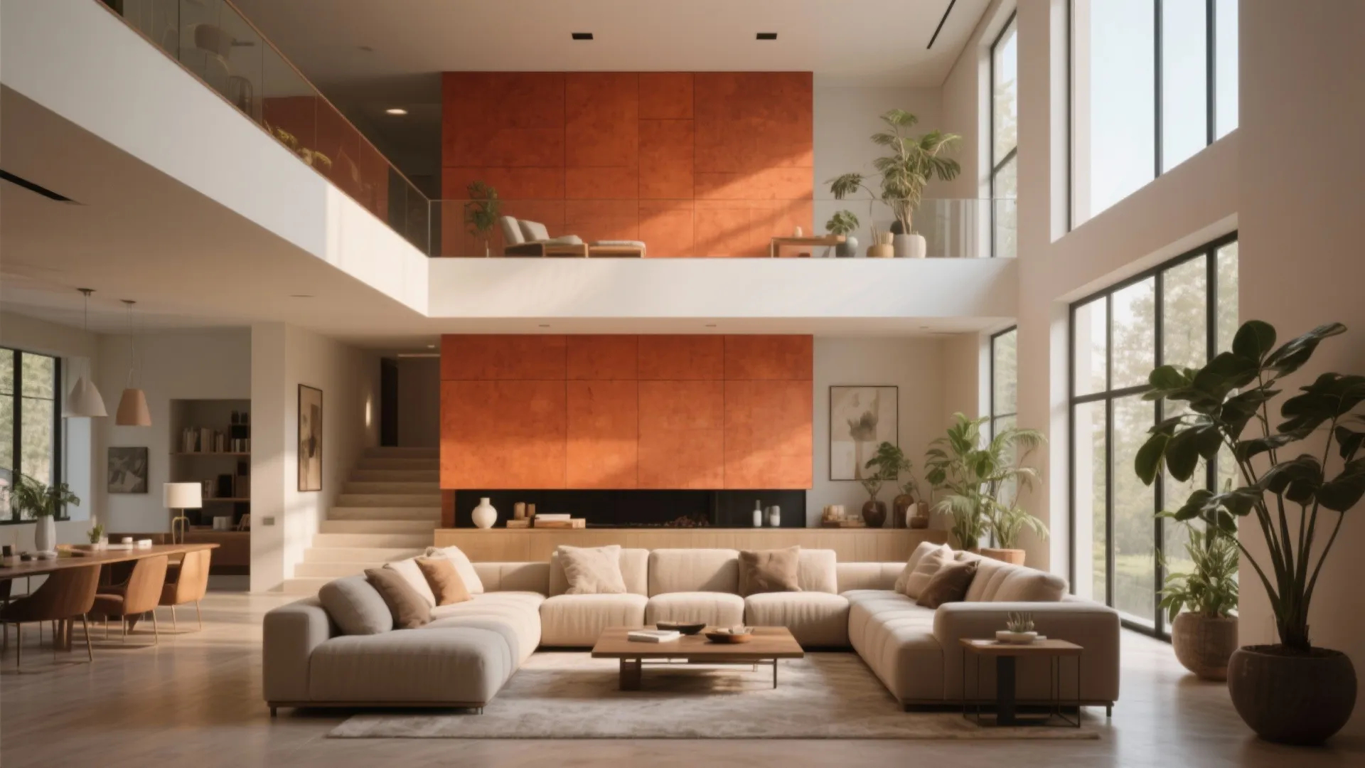 Modern high ceiling living room with orange wall panels cream sofa and indoor green plants