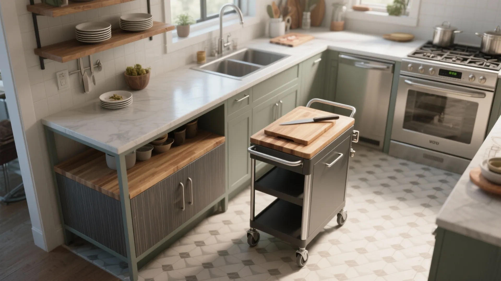 Multi-height workstations and rolling prep carts