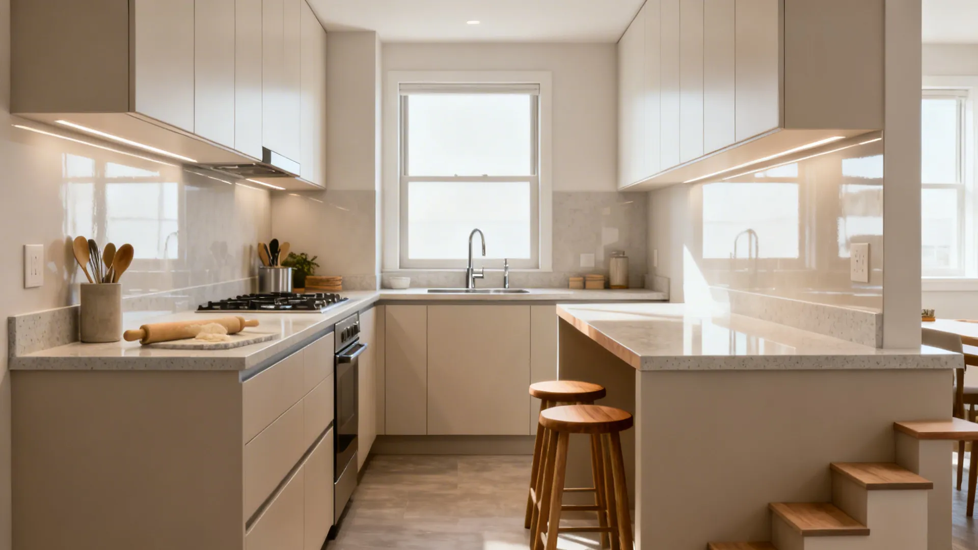 Modern kitchen with white cabinets wood stools light floor and counters at two different heights