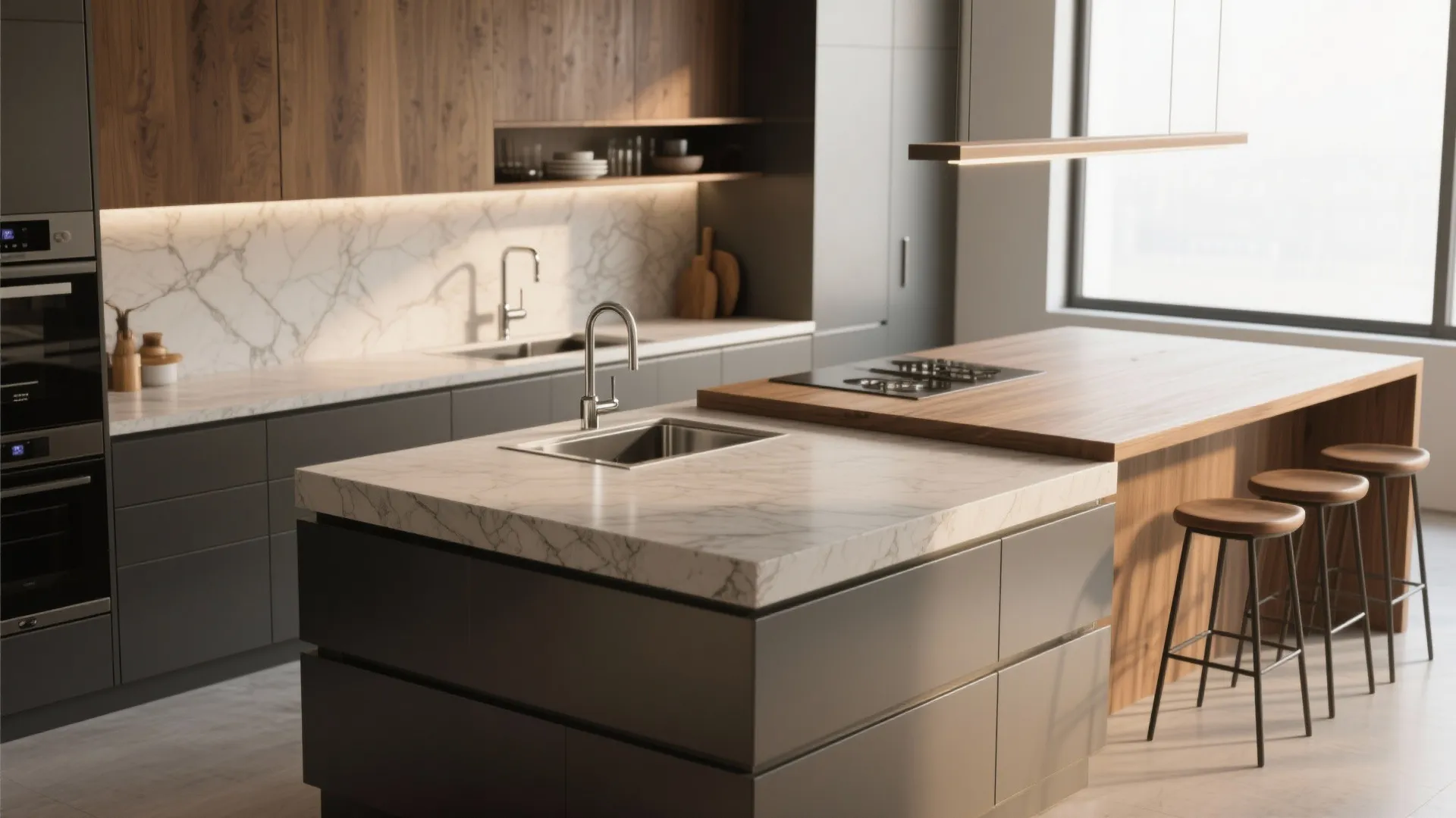 Multi-height kitchen island with separate prep surface, higher dining bar, and narrow perch, in a modern kitchen.