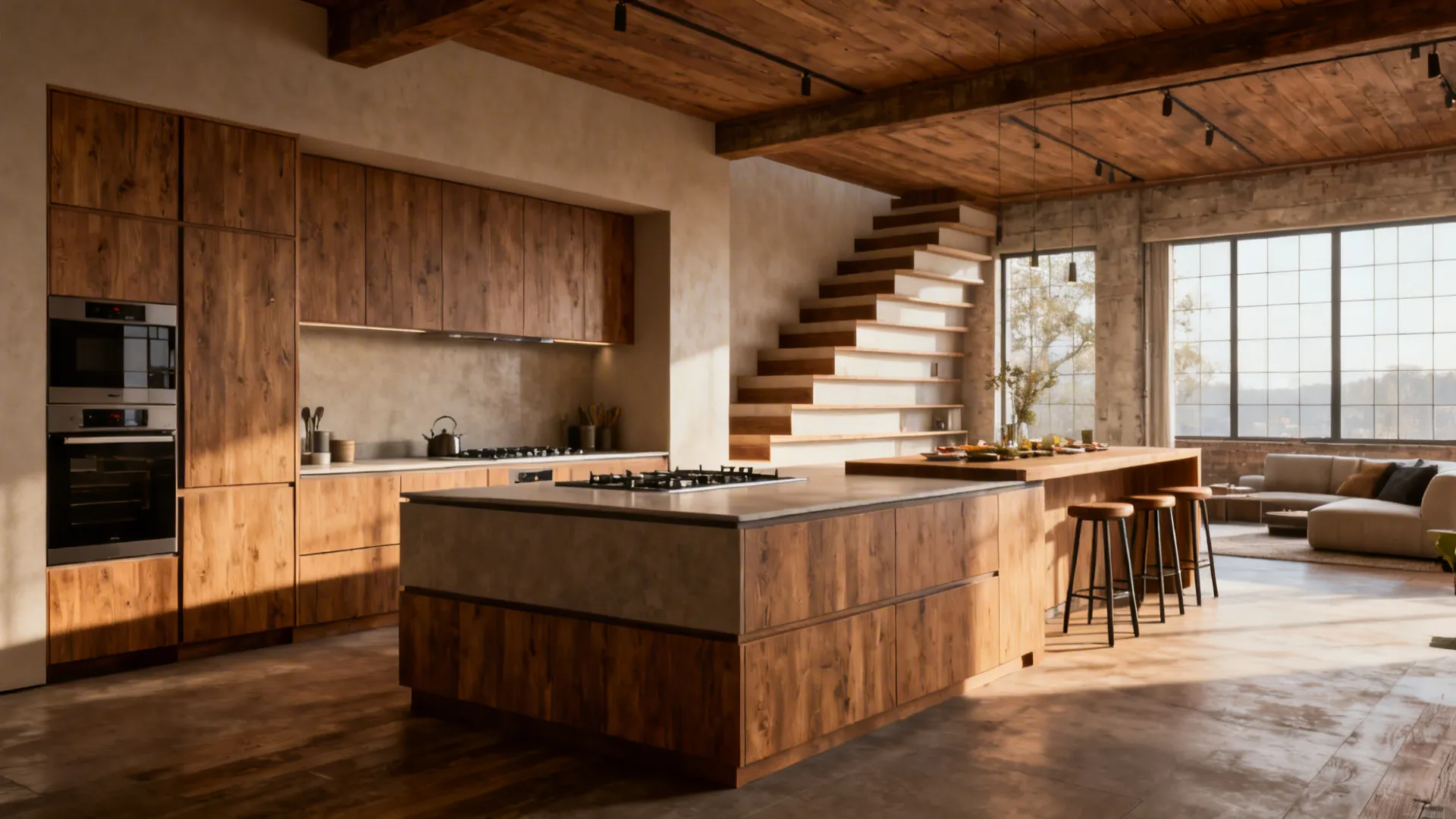 Stepped island with lower stovetop and raised dining bar separating kitchen and living areas in a loft